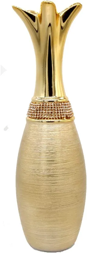 1 PC Gorgeous Golden Porcelain Vase - Bejeweled Ceramic 12.1" Tall & 3.3" Thick
