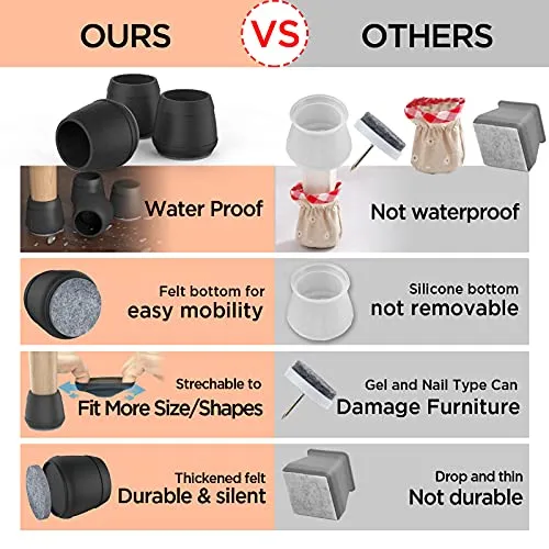 1.5" x 2" Rectangle Chair Leg Floor Protectors for Hardwood Floors Silicone Covers to Protect Wood Tile Floors Felt Pads Furniture Leg Caps Reduce Noise.Easy to Move.16 PCS Black..