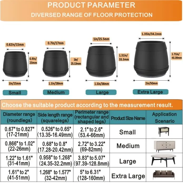 1.5" x 2" Rectangle Chair Leg Floor Protectors for Hardwood Floors Silicone Covers to Protect Wood Tile Floors Felt Pads Furniture Leg Caps Reduce Noise.Easy to Move.16 PCS Black..