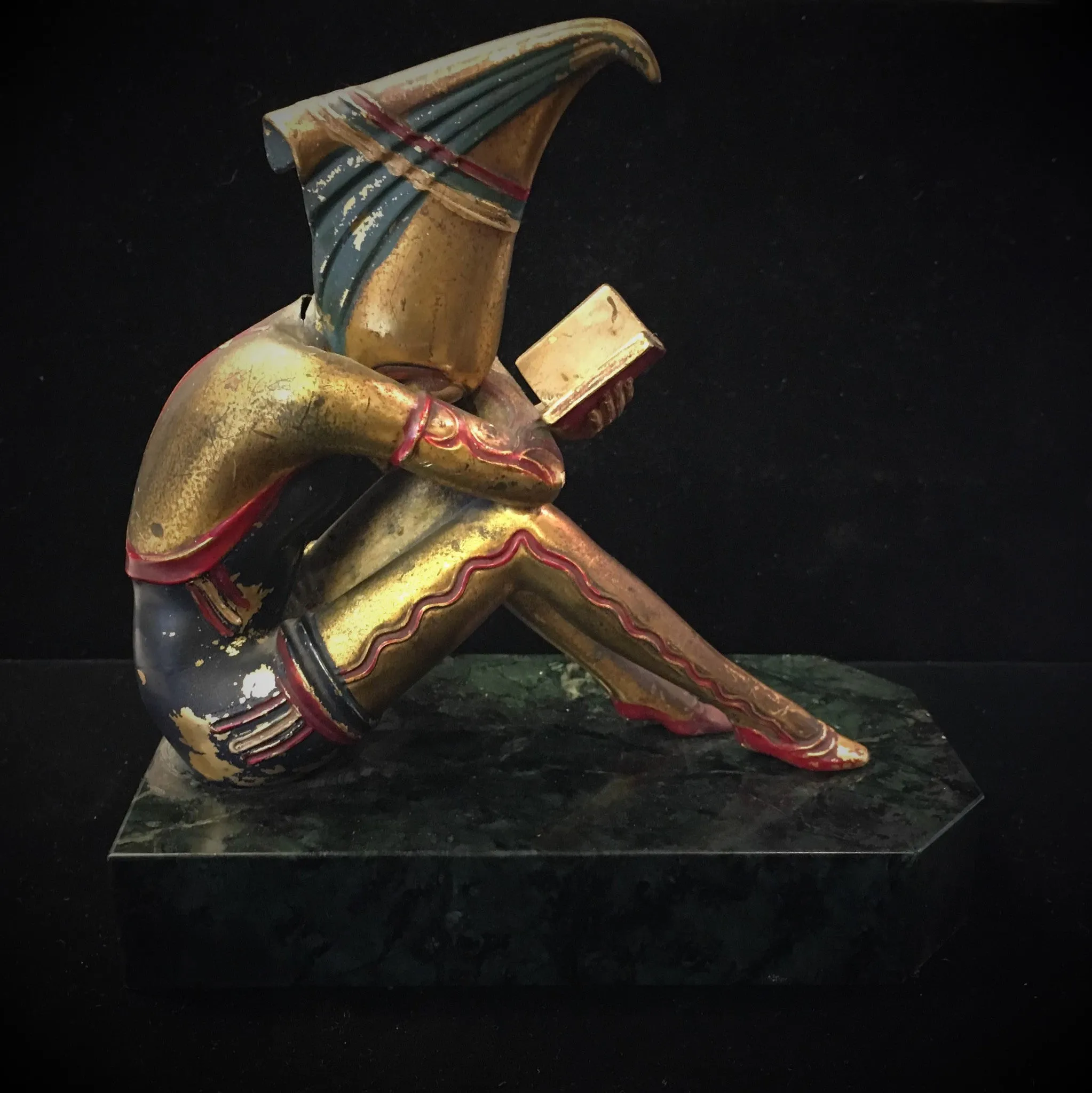 1920's Art Deco Harlequin Statue Extremely Rare Reading Female Gold Gilt $3K VALUE*