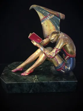1920's Art Deco Harlequin Statue Extremely Rare Reading Female Gold Gilt $3K VALUE*
