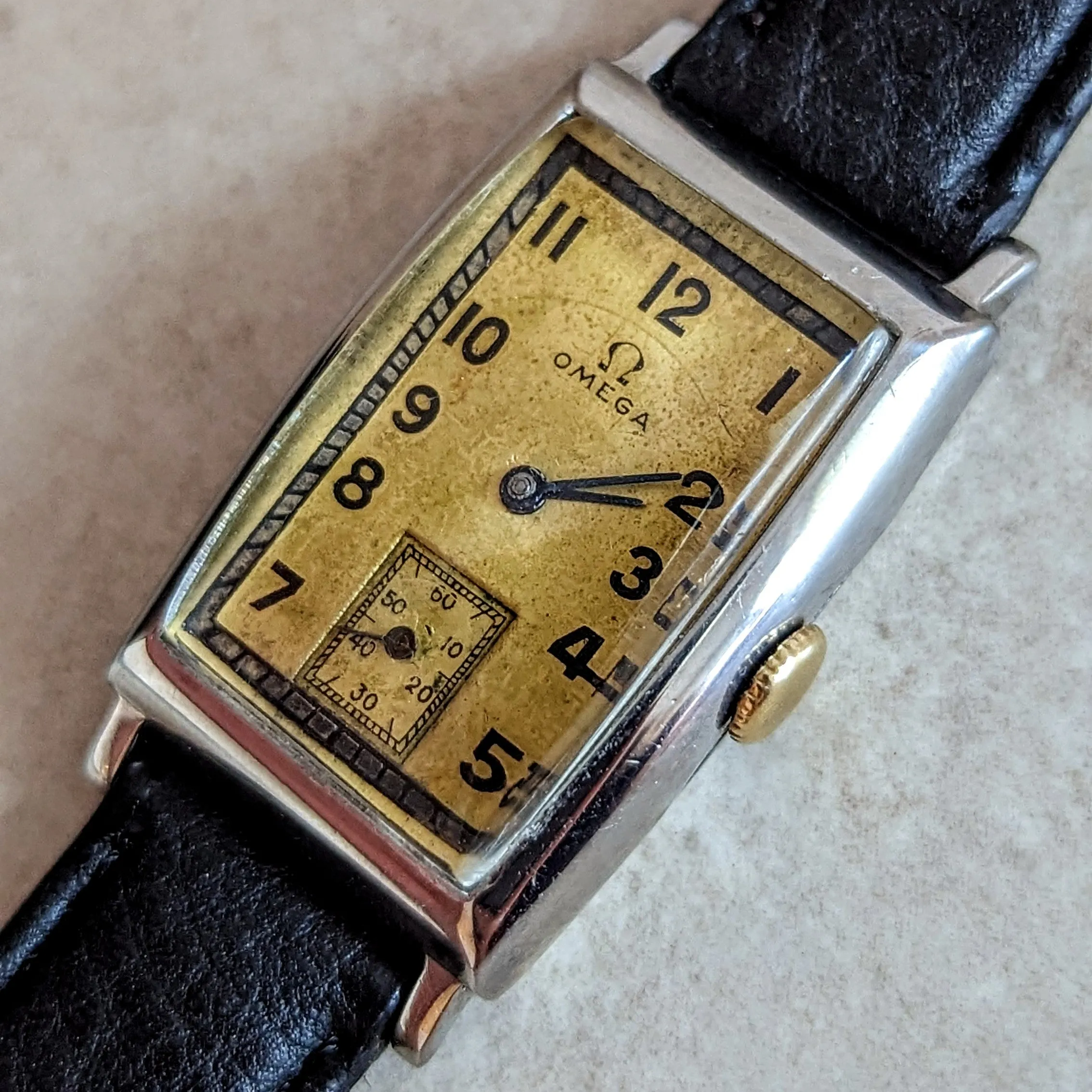 1934 OMEGA Art Deco Wristwatch Cal. T17 15 Jewels Tank Case ALL S.S. Vintage Watch