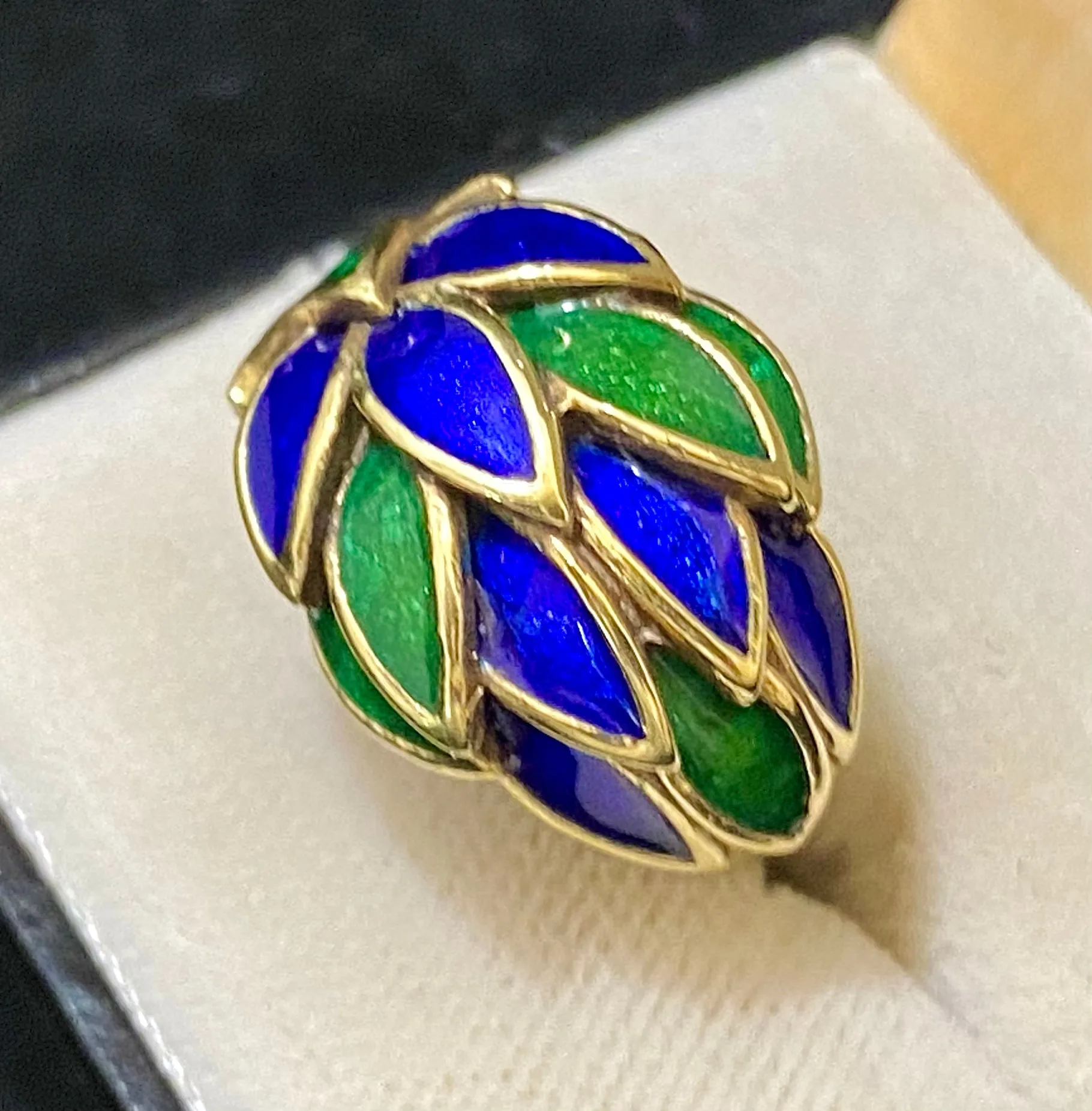 1940's French Design Solid Yellow Gold with Blue & Green Enamel Handcraft Ring - $15K Appraisal Value w/CoA}