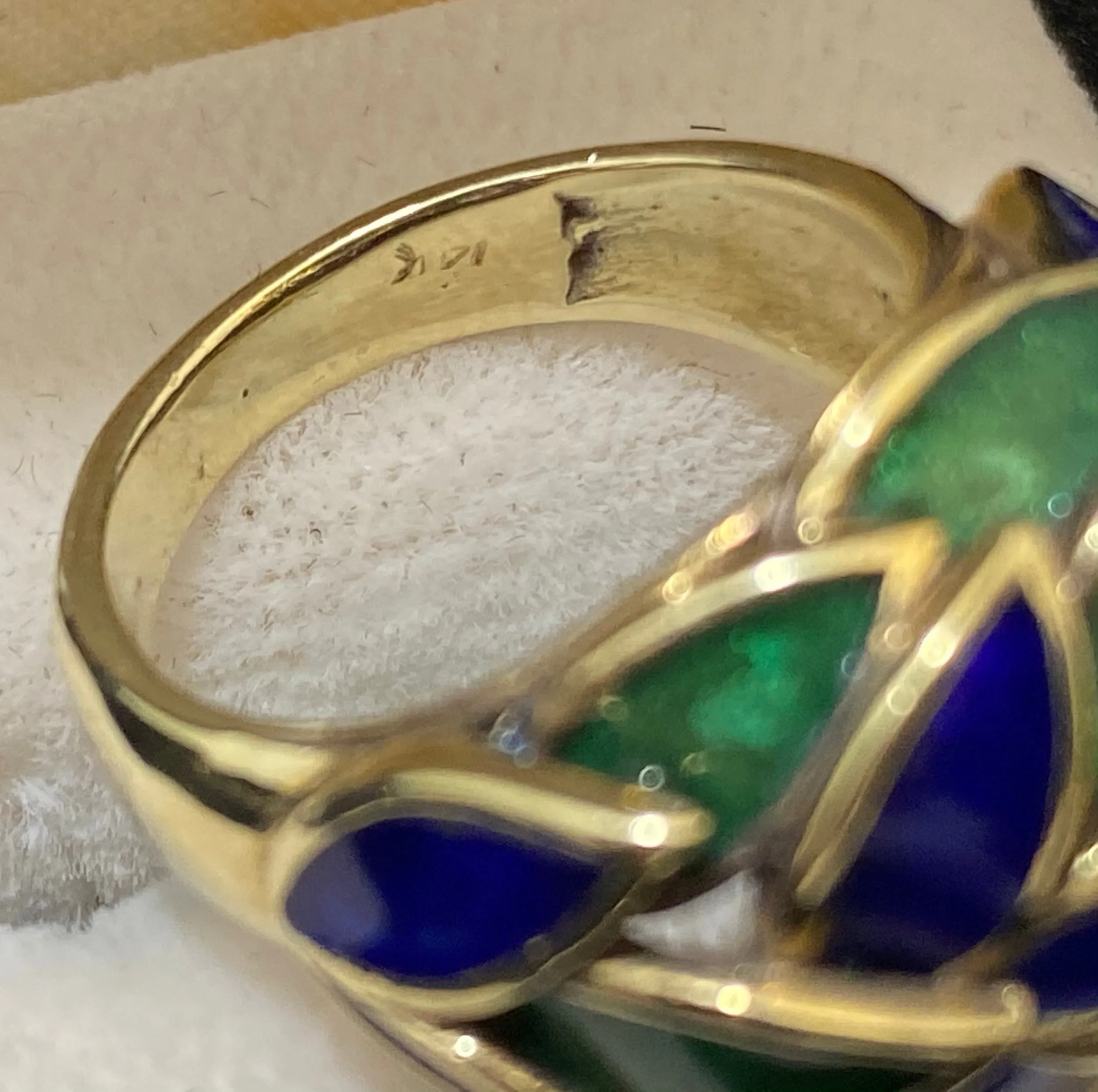 1940's French Design Solid Yellow Gold with Blue & Green Enamel Handcraft Ring - $15K Appraisal Value w/CoA}