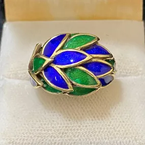 1940's French Design Solid Yellow Gold with Blue & Green Enamel Handcraft Ring - $15K Appraisal Value w/CoA}