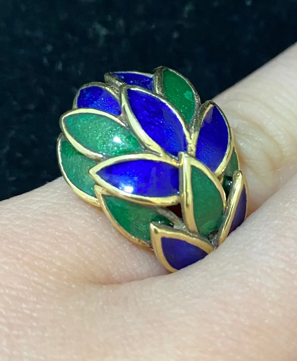 1940's French Design Solid Yellow Gold with Blue & Green Enamel Handcraft Ring - $15K Appraisal Value w/CoA}