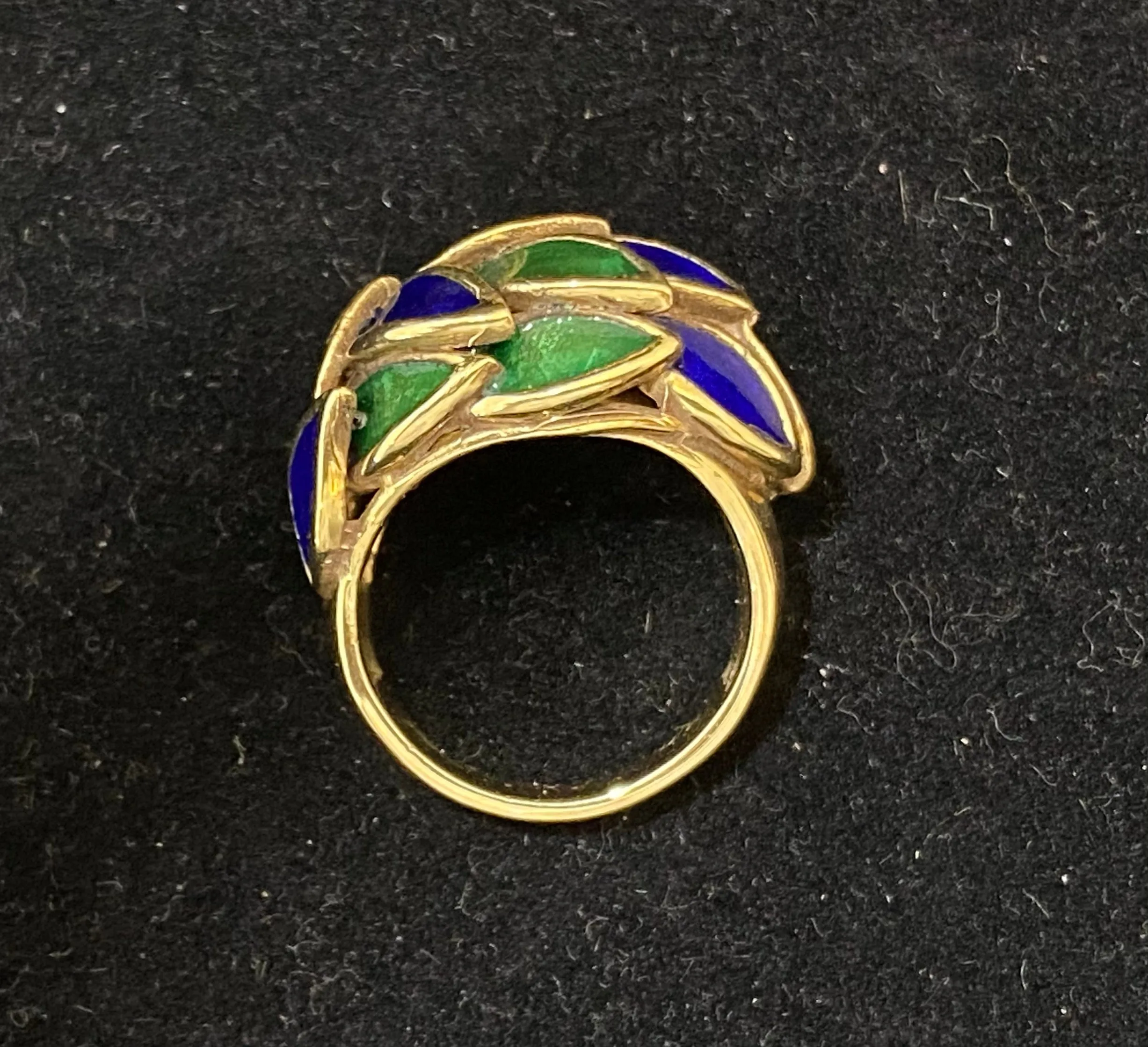1940's French Design Solid Yellow Gold with Blue & Green Enamel Handcraft Ring - $15K Appraisal Value w/CoA}