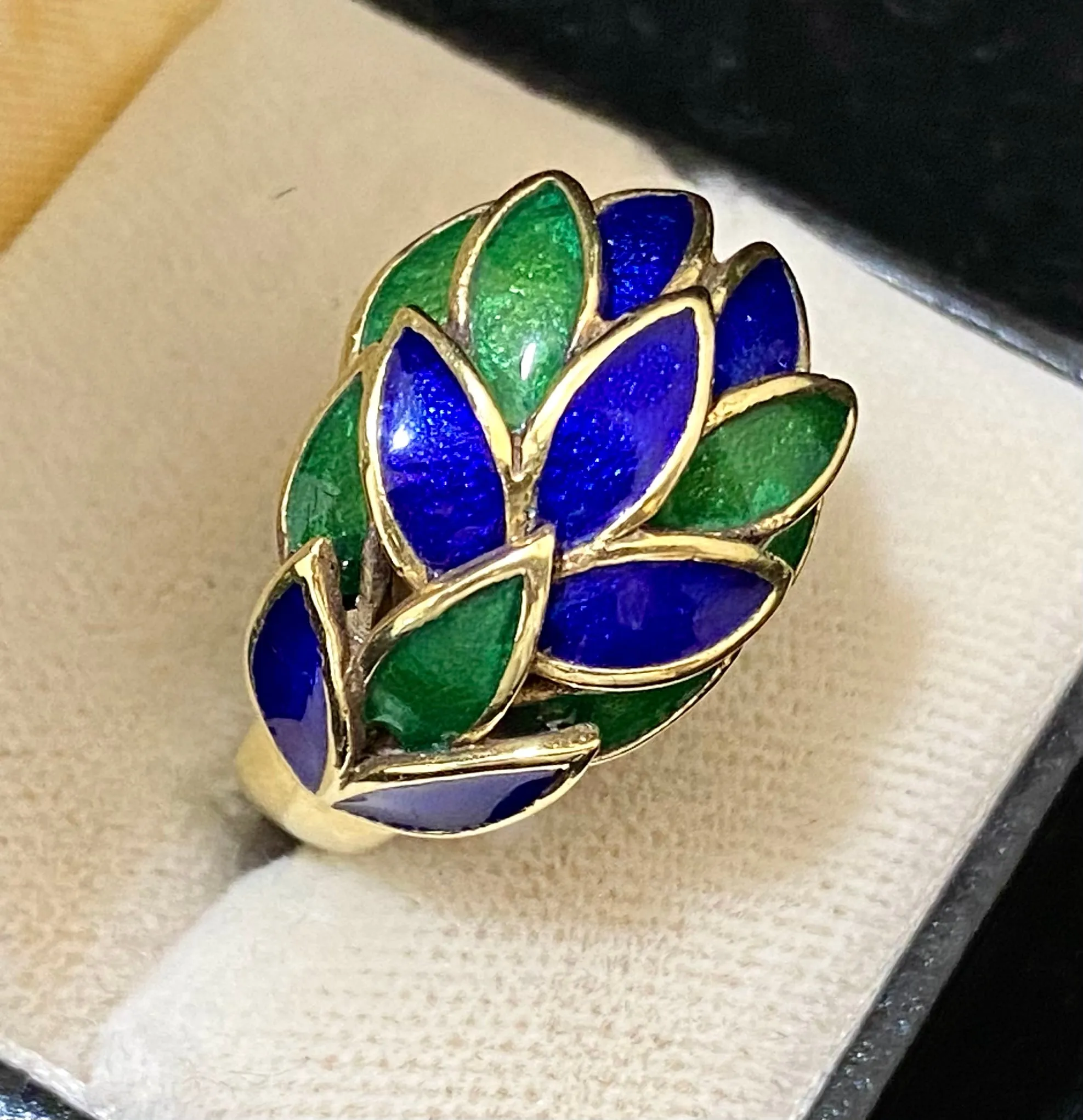 1940's French Design Solid Yellow Gold with Blue & Green Enamel Handcraft Ring - $15K Appraisal Value w/CoA}