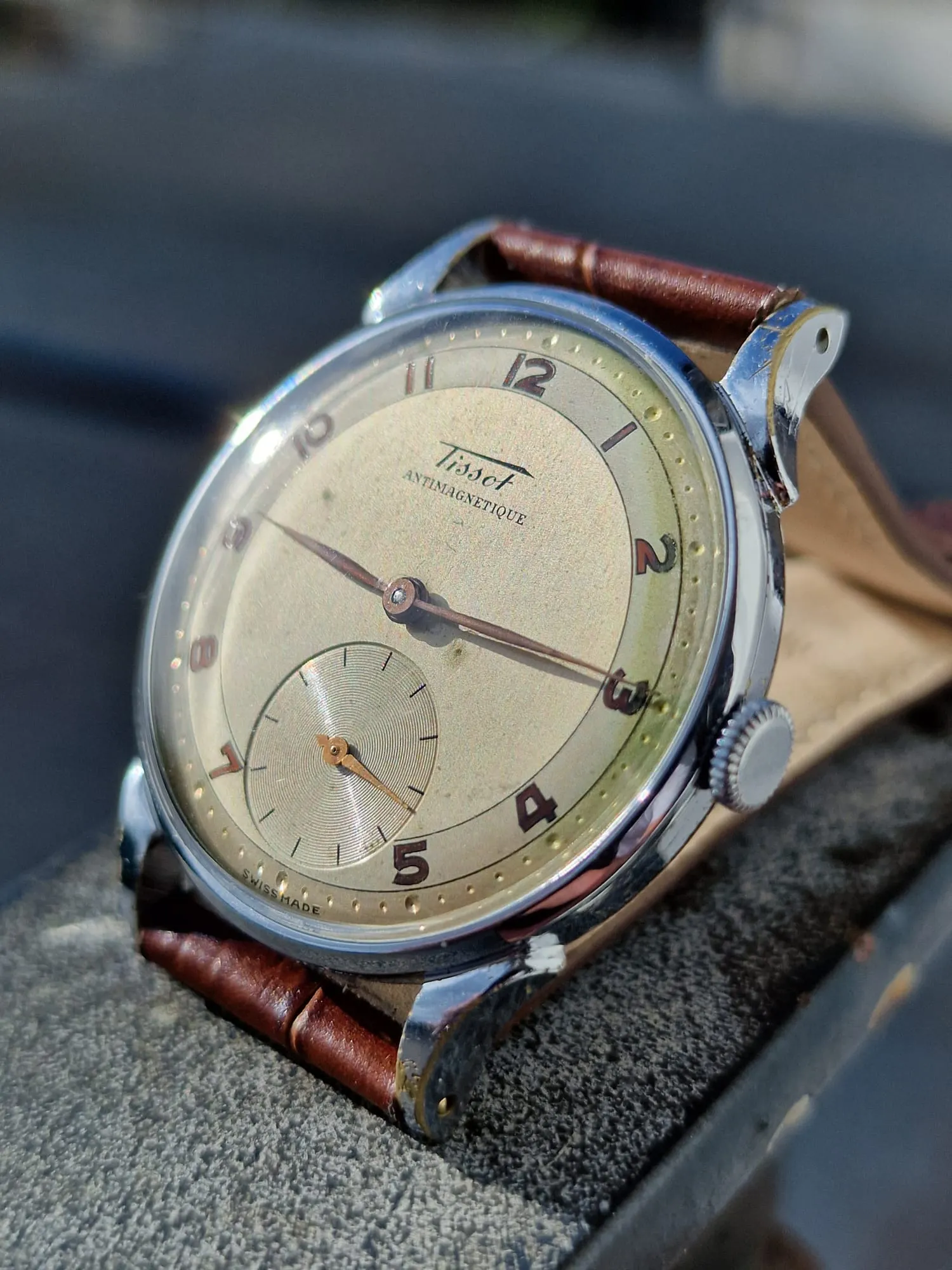 1940s Tissot Anti-Magnetic Manual Wind Wristwatch Model 6426 with Original Two Tone Radial Arabic Numeral Dial in Chrome Front & Steel Back