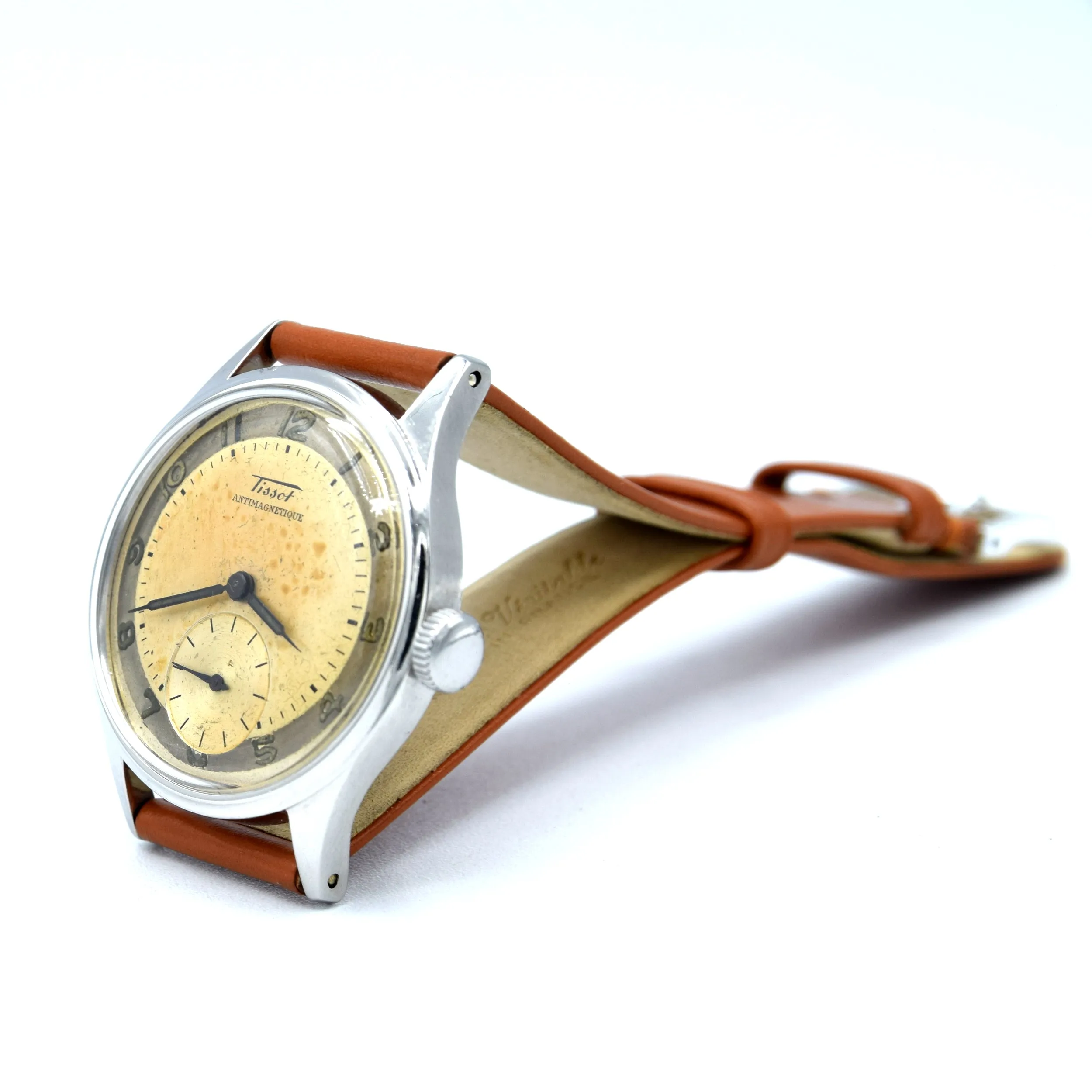 1947 Tissot Antimagnetique Manual Wind Wristwatch Model 6445-5 with Original Two Tone Radial Arabic Numeral Dial in steel