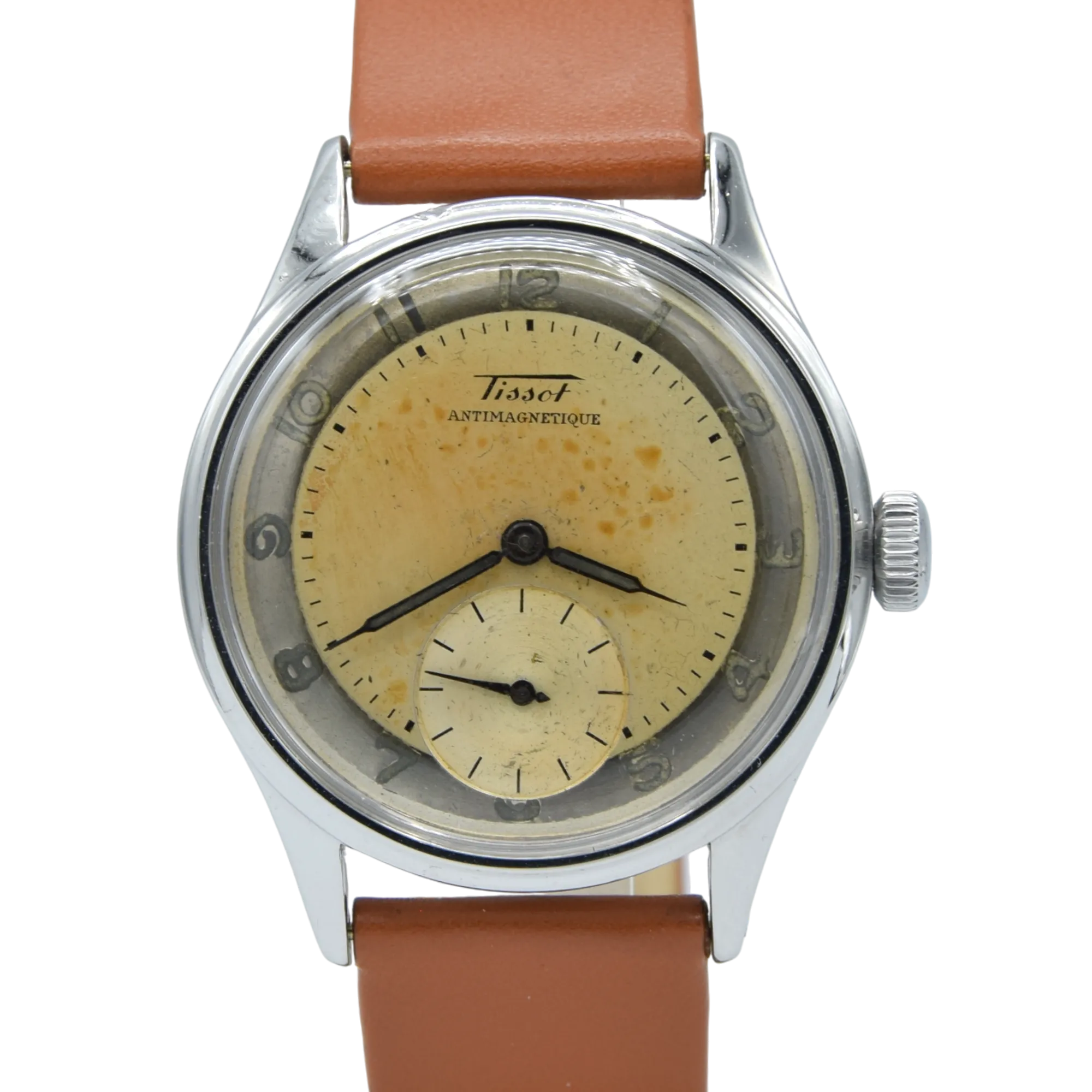 1947 Tissot Antimagnetique Manual Wind Wristwatch Model 6445-5 with Original Two Tone Radial Arabic Numeral Dial in steel