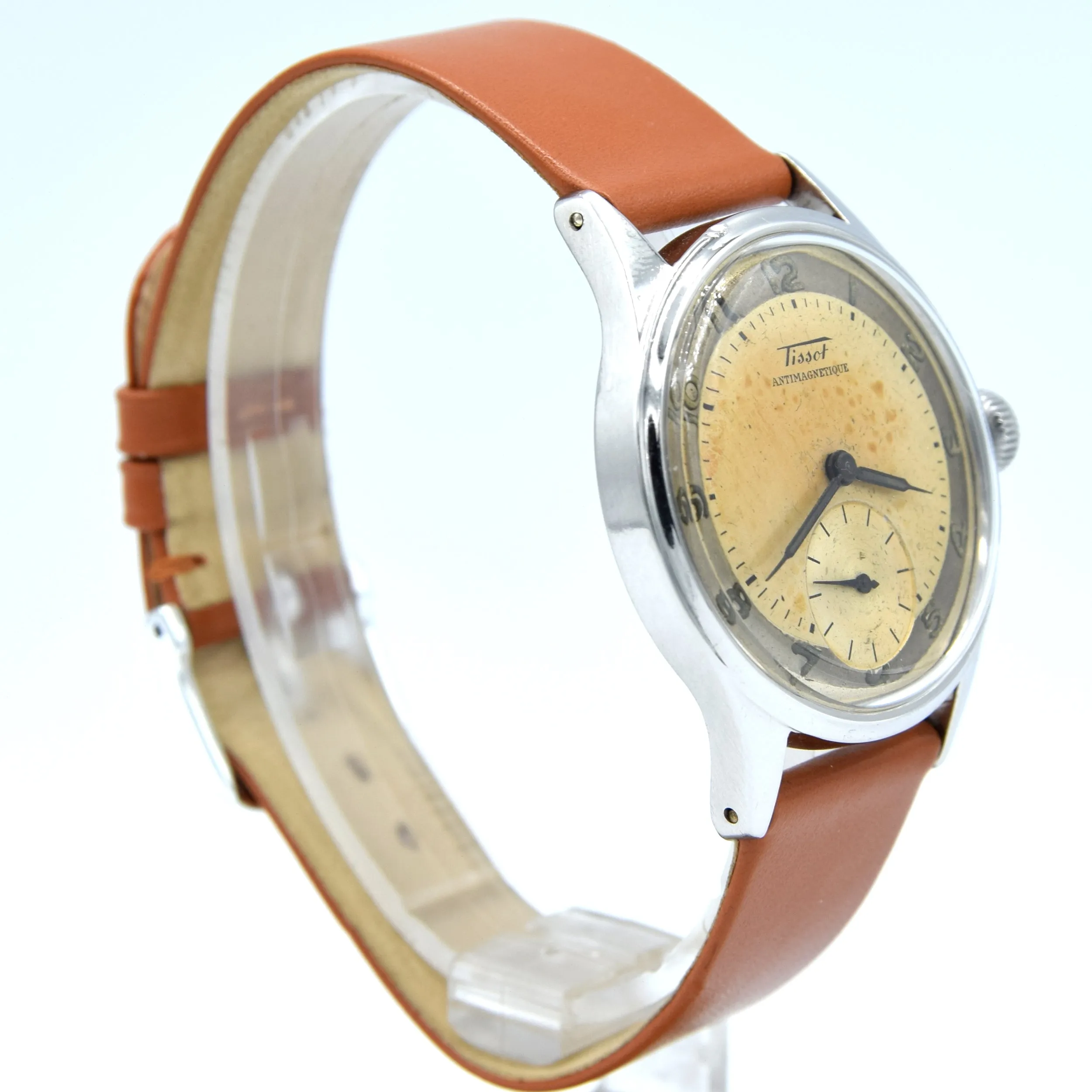 1947 Tissot Antimagnetique Manual Wind Wristwatch Model 6445-5 with Original Two Tone Radial Arabic Numeral Dial in steel