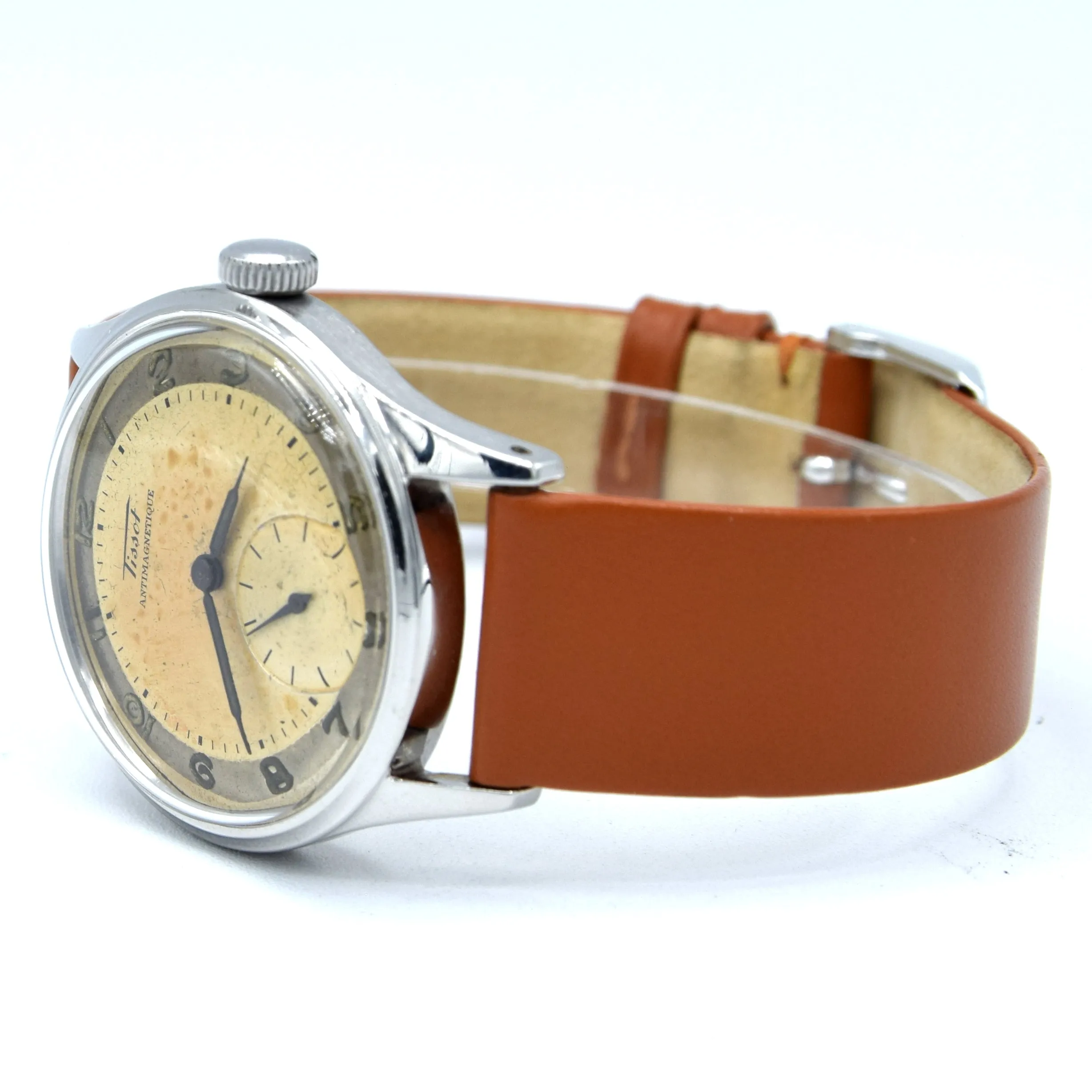 1947 Tissot Antimagnetique Manual Wind Wristwatch Model 6445-5 with Original Two Tone Radial Arabic Numeral Dial in steel