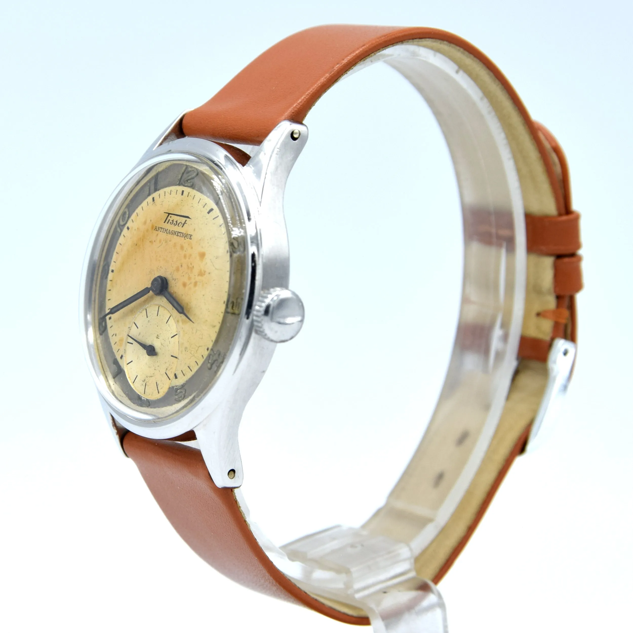 1947 Tissot Antimagnetique Manual Wind Wristwatch Model 6445-5 with Original Two Tone Radial Arabic Numeral Dial in steel