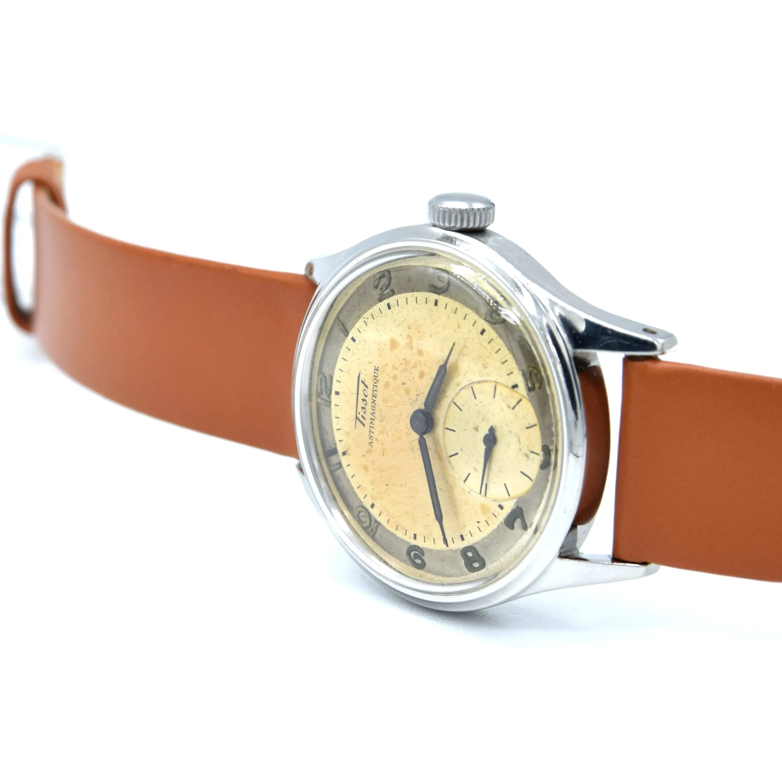 1947 Tissot Antimagnetique Manual Wind Wristwatch Model 6445-5 with Original Two Tone Radial Arabic Numeral Dial in steel