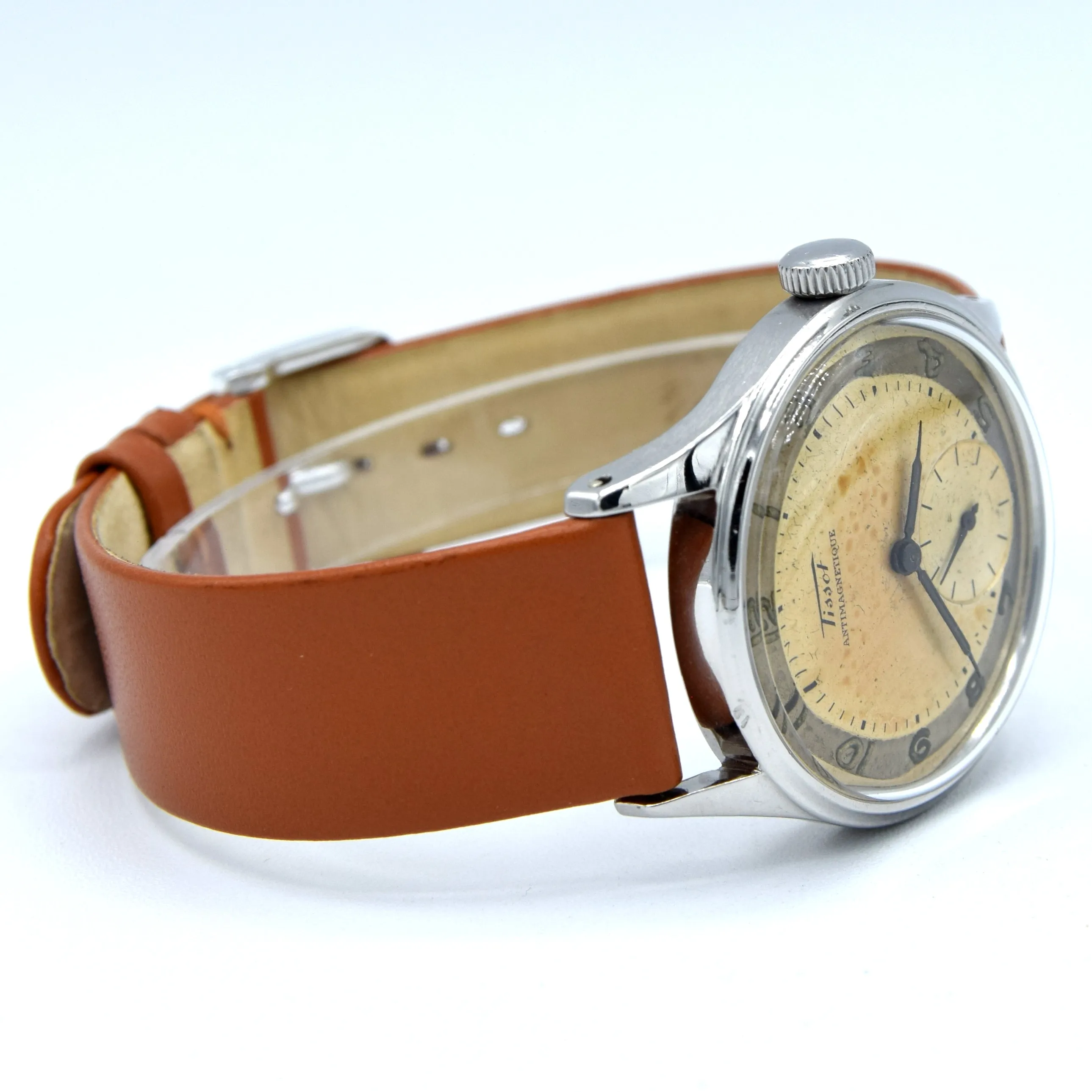 1947 Tissot Antimagnetique Manual Wind Wristwatch Model 6445-5 with Original Two Tone Radial Arabic Numeral Dial in steel