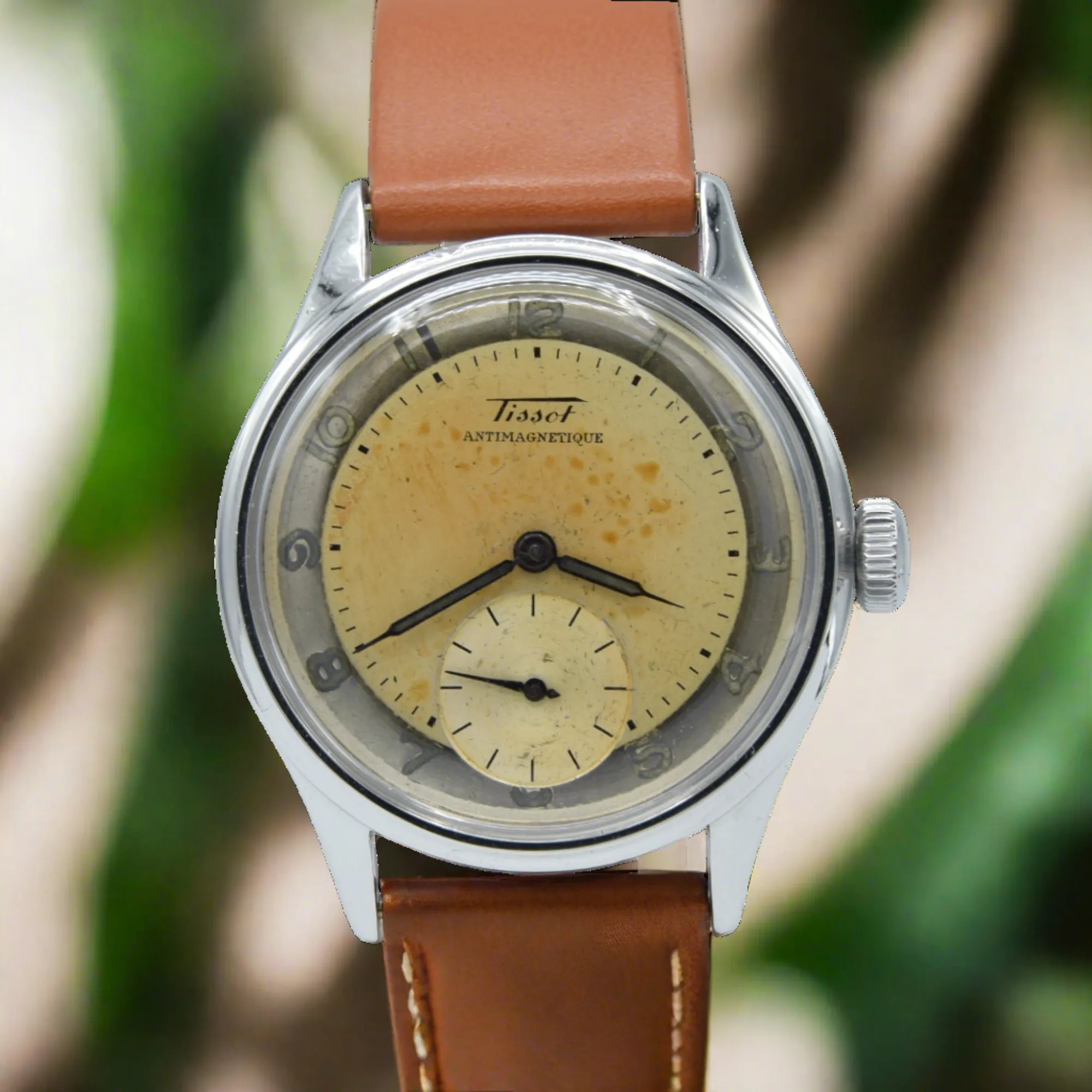 1947 Tissot Antimagnetique Manual Wind Wristwatch Model 6445-5 with Original Two Tone Radial Arabic Numeral Dial in steel
