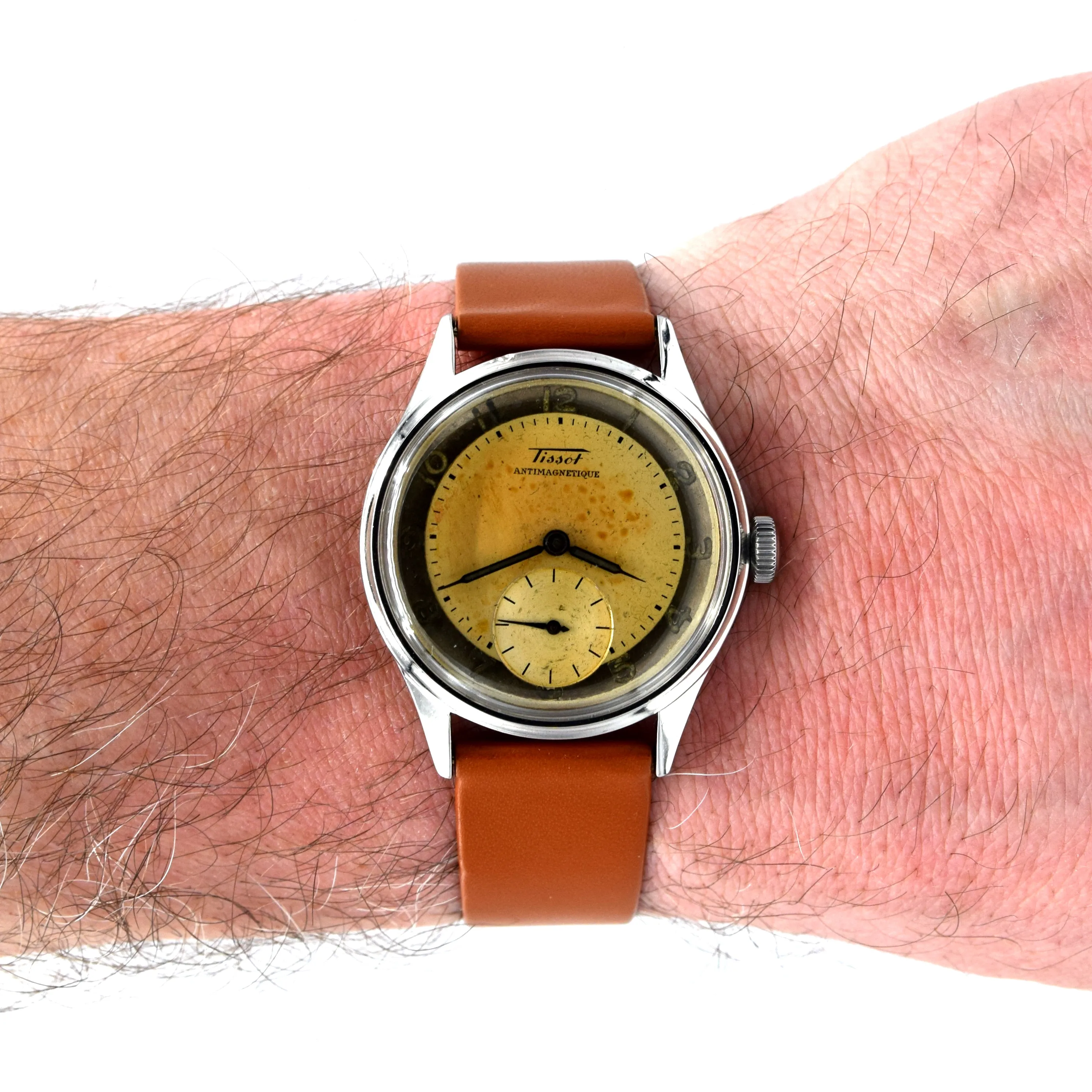 1947 Tissot Antimagnetique Manual Wind Wristwatch Model 6445-5 with Original Two Tone Radial Arabic Numeral Dial in steel