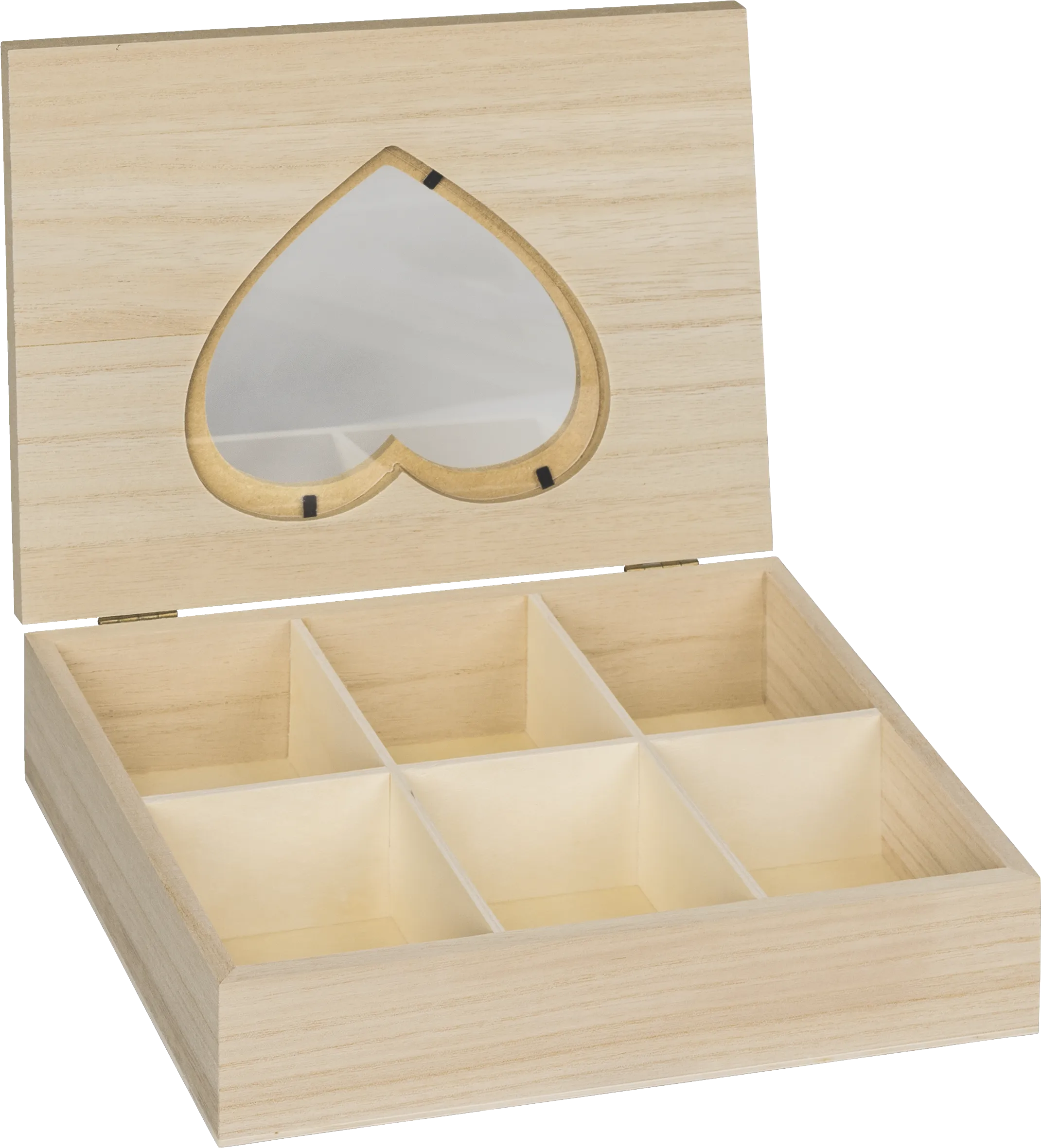 24cm Natural Wooden Glass Pane Box Heart 6-Compartment Craft Jewellery Box