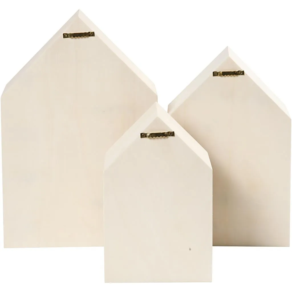 3 x Plywood Light Wood Storage Boxes With Metal Hanger Home Decor Crafts 10cm