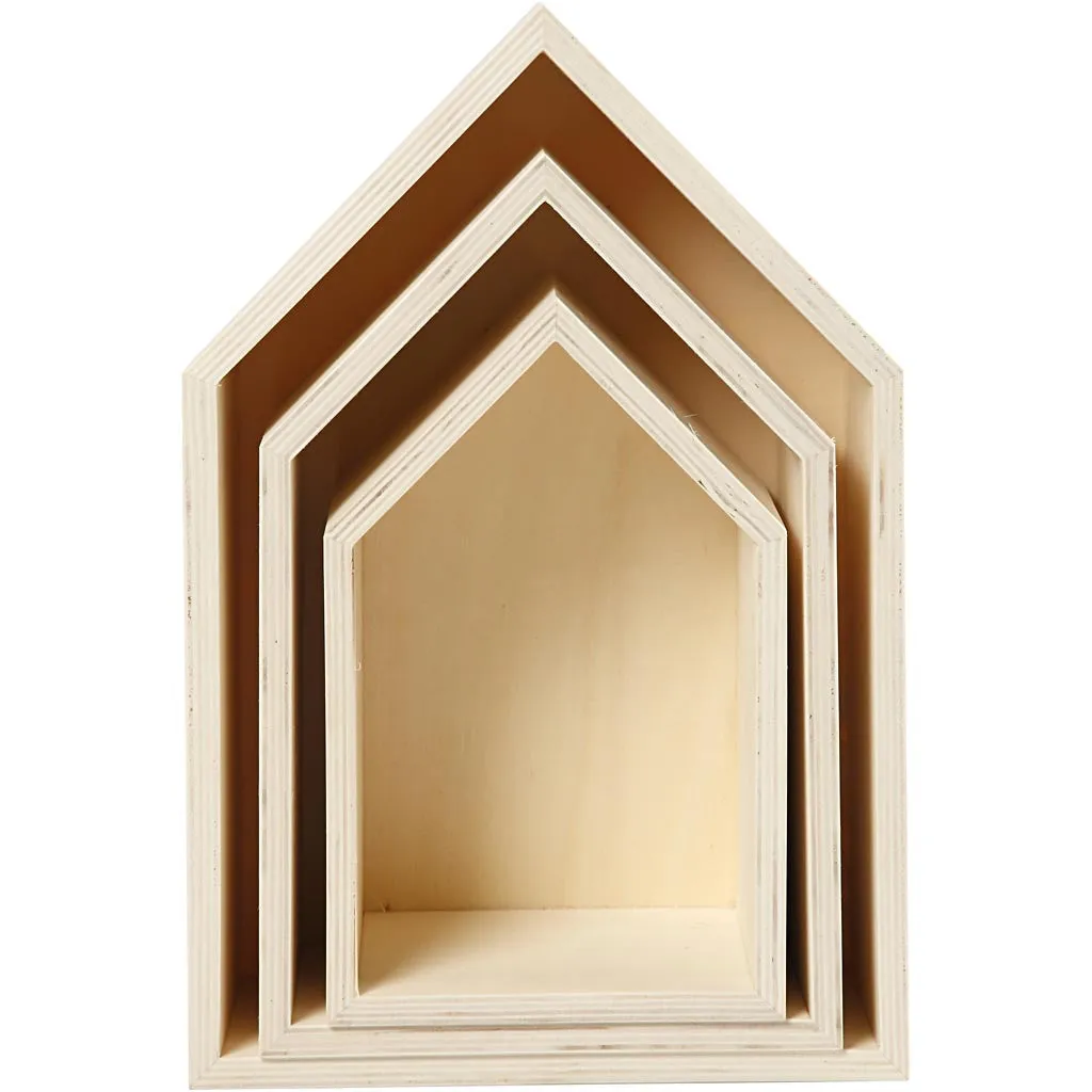 3 x Plywood Light Wood Storage Boxes With Metal Hanger Home Decor Crafts 10cm