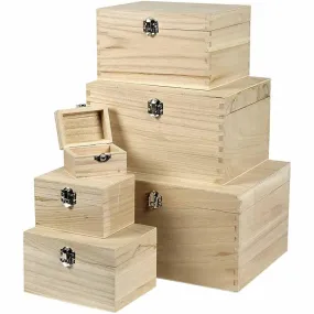 6 x Wooden Box With Hinged Lid Treasure Chests Storage Clasps Box Set