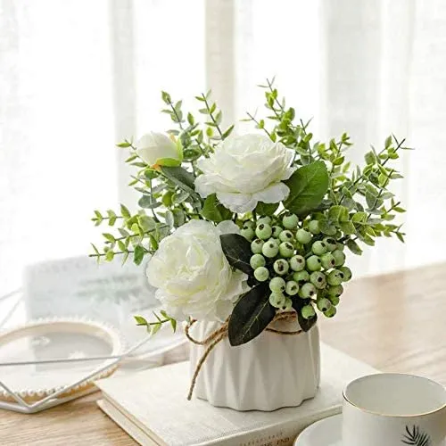 Artificial Flowers with Small Ceramic Vase Silk Roses