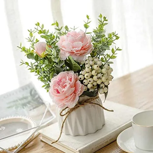 Artificial Flowers with Small Ceramic Vase Silk Roses