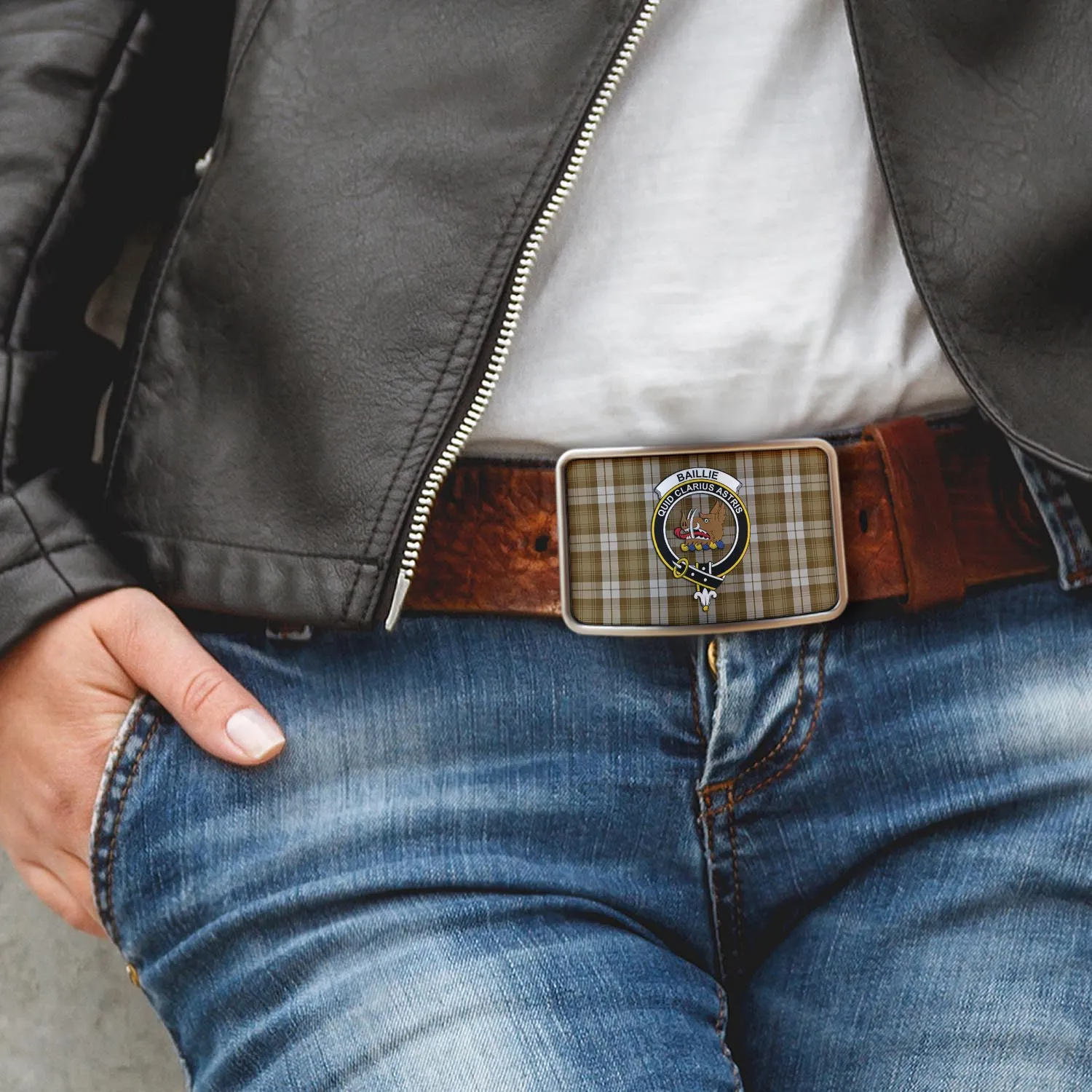 Baillie Dress Tartan Belt Buckles with Family Crest