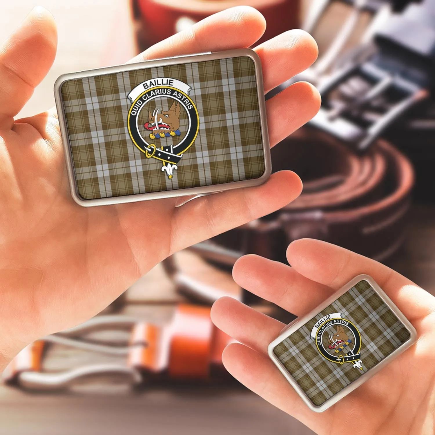 Baillie Dress Tartan Belt Buckles with Family Crest
