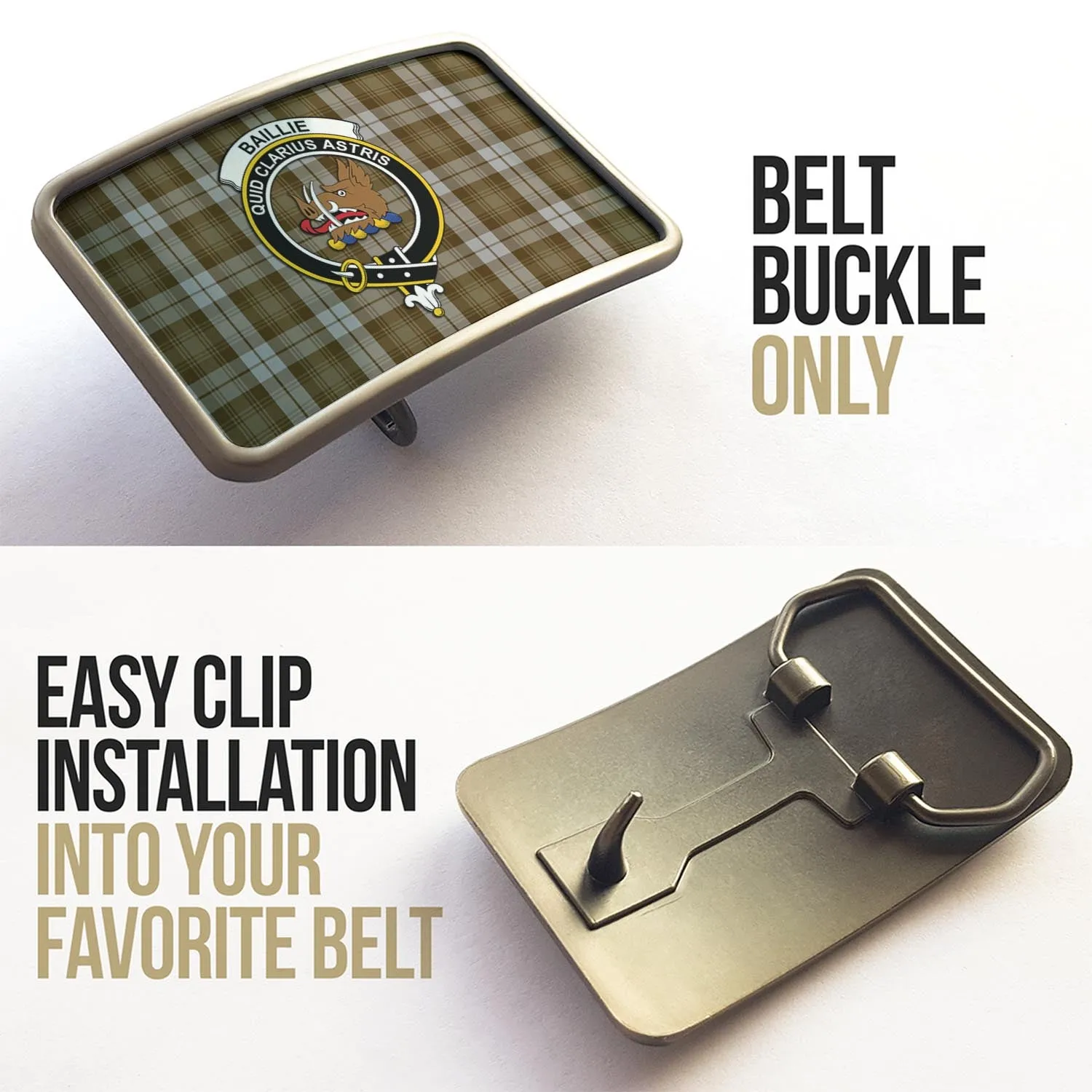 Baillie Dress Tartan Belt Buckles with Family Crest