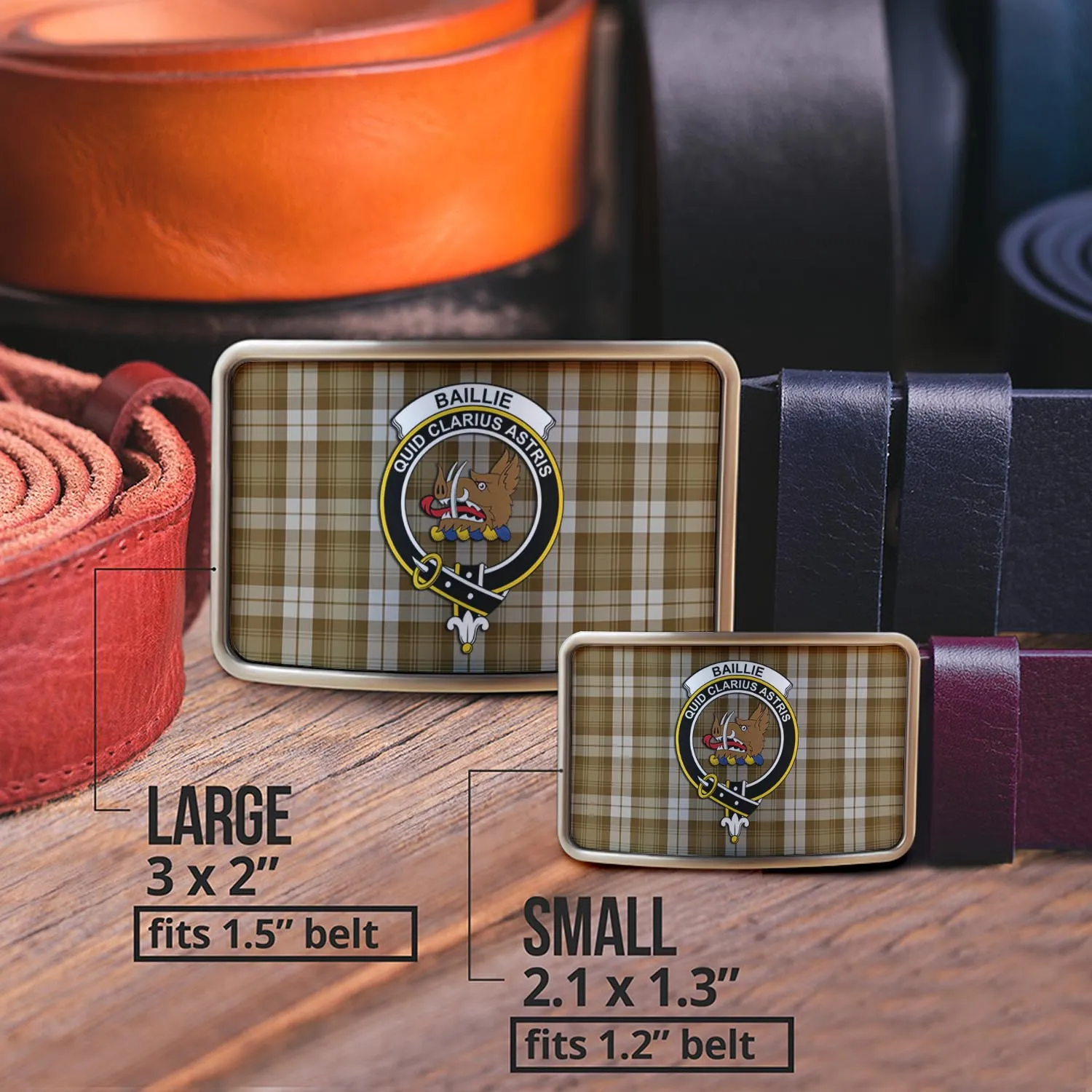 Baillie Dress Tartan Belt Buckles with Family Crest