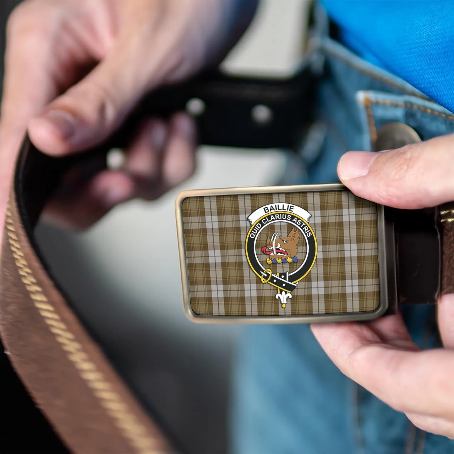 Baillie Dress Tartan Belt Buckles with Family Crest