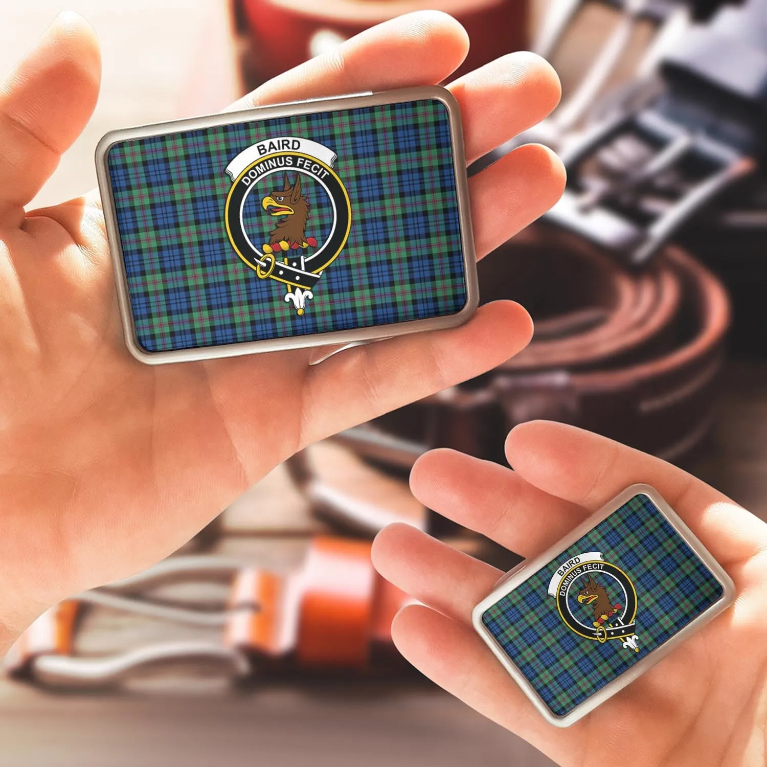 Baird Ancient Tartan Belt Buckles with Family Crest