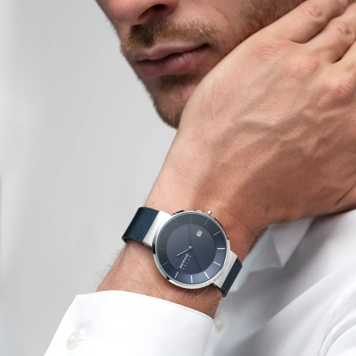 Bering Solar Blue Stainless Steel Mesh Watch with Blue Dial
