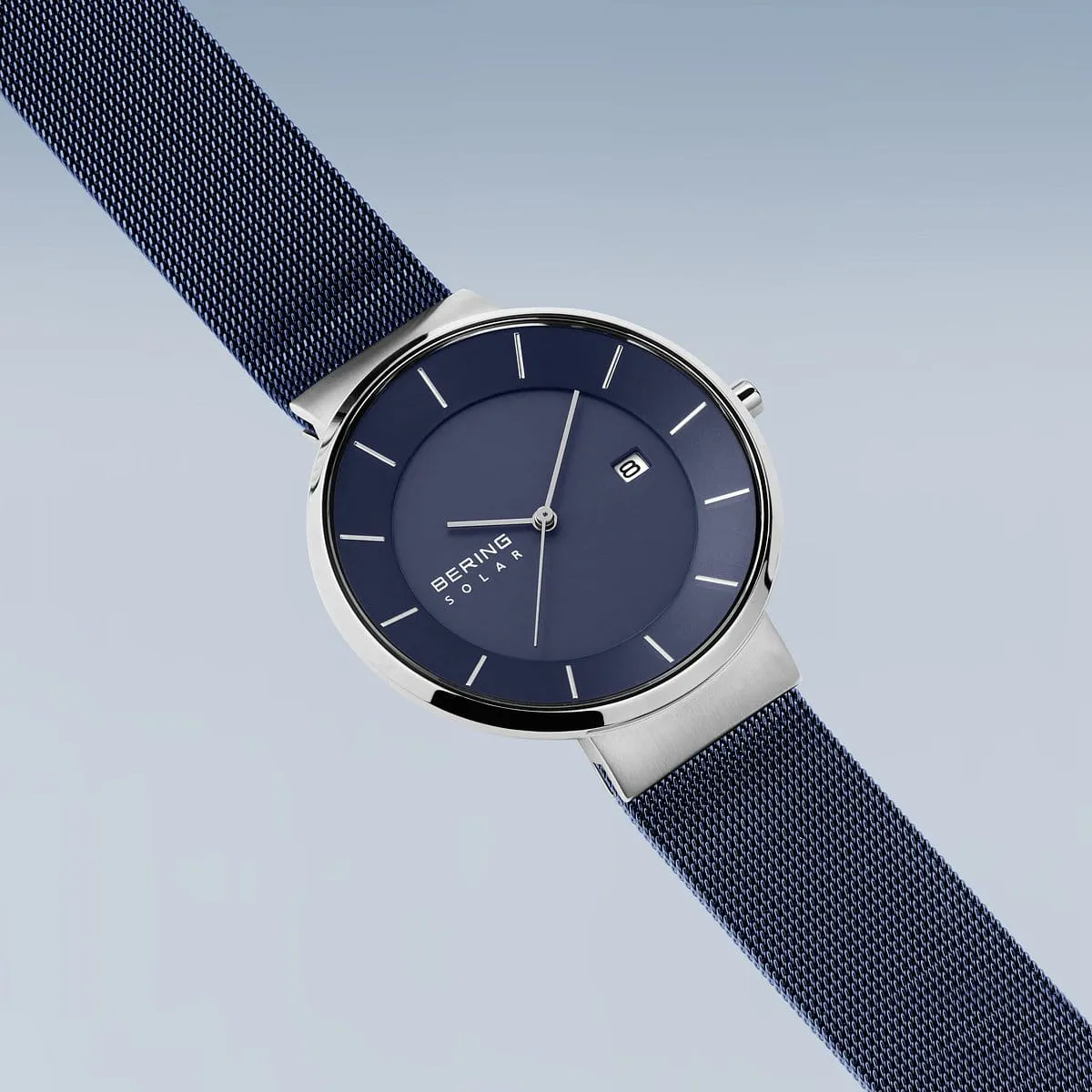 Bering Solar Blue Stainless Steel Mesh Watch with Blue Dial