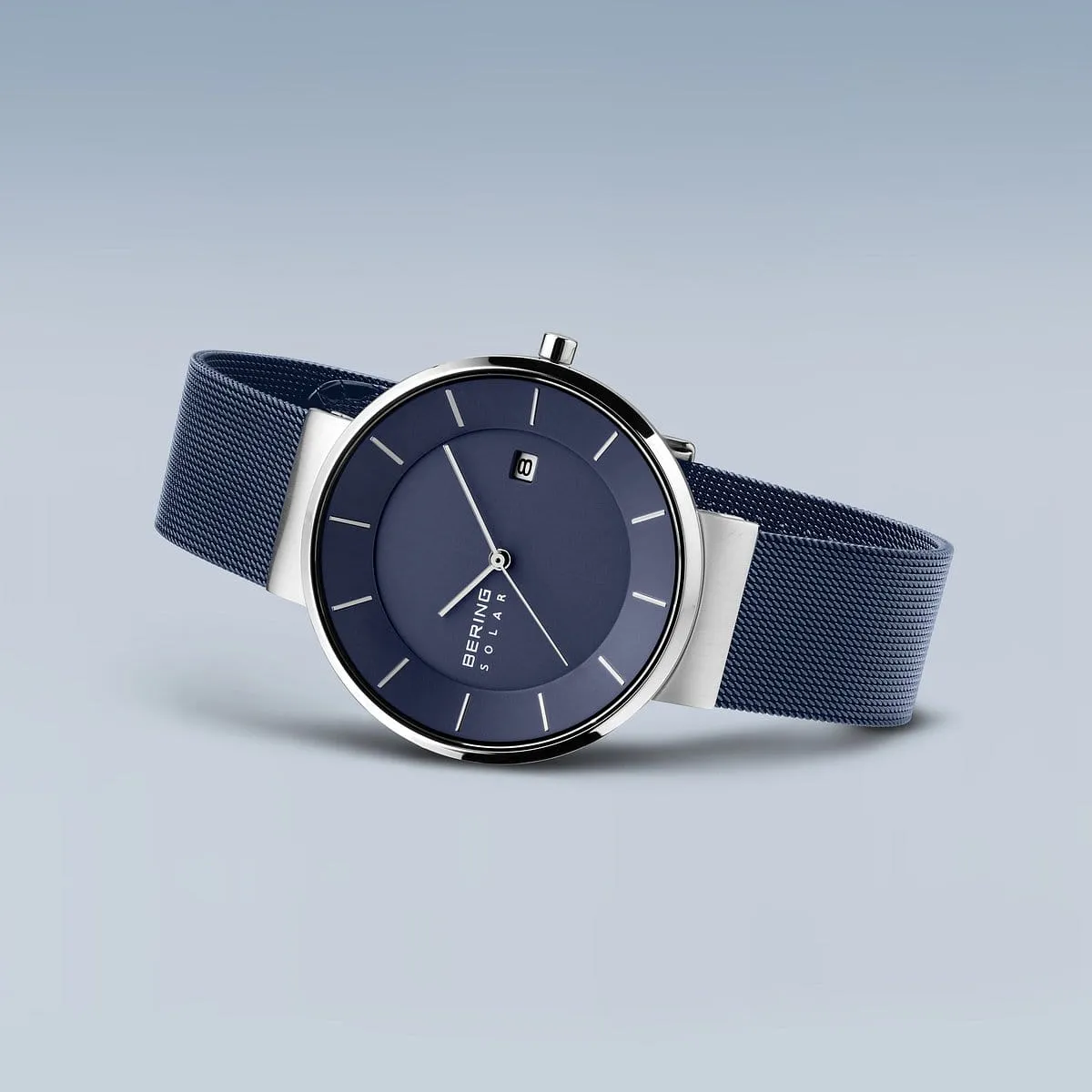 Bering Solar Blue Stainless Steel Mesh Watch with Blue Dial