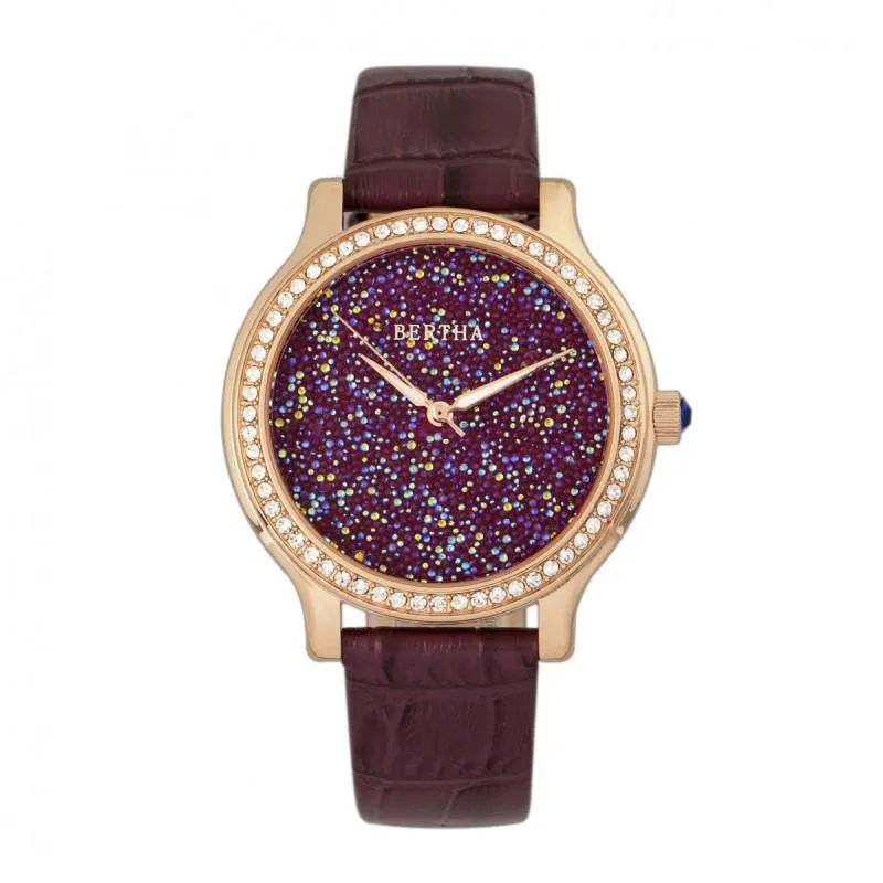 Bertha Cora Crystal-Encrusted Leather-Band Watch