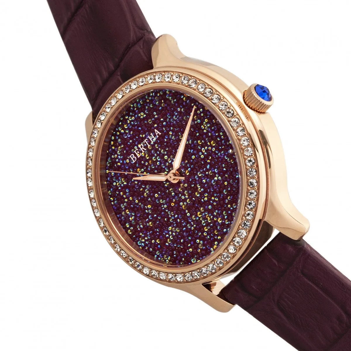 Bertha Cora Crystal-Encrusted Leather-Band Watch