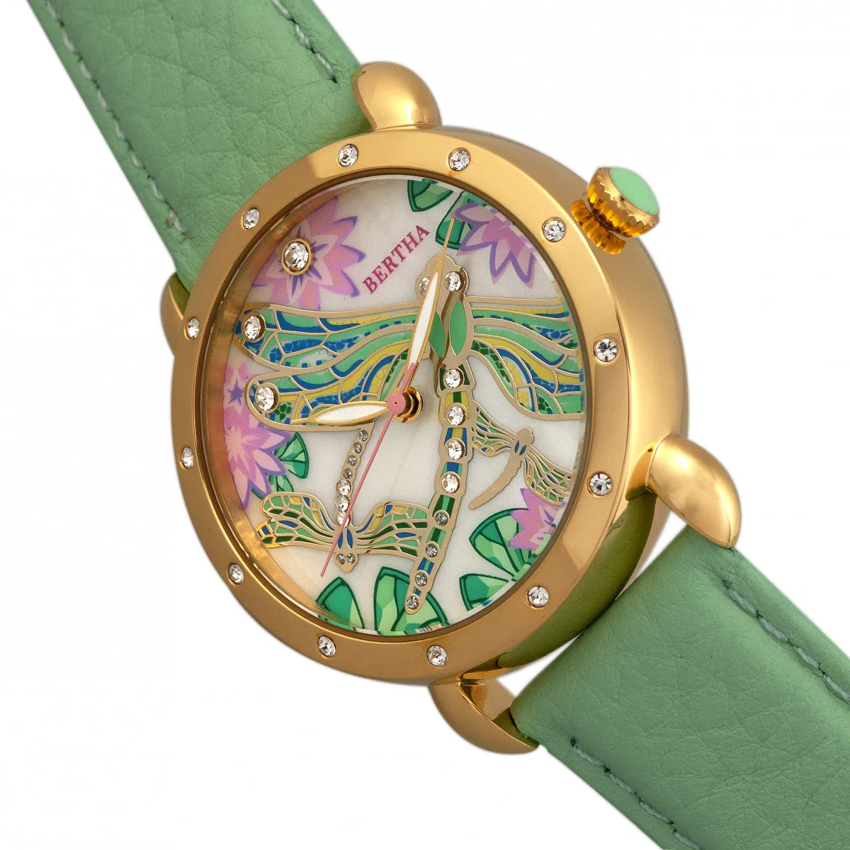Bertha Jennifer MOP Leather-Band Ladies Watch - Gold/Mint