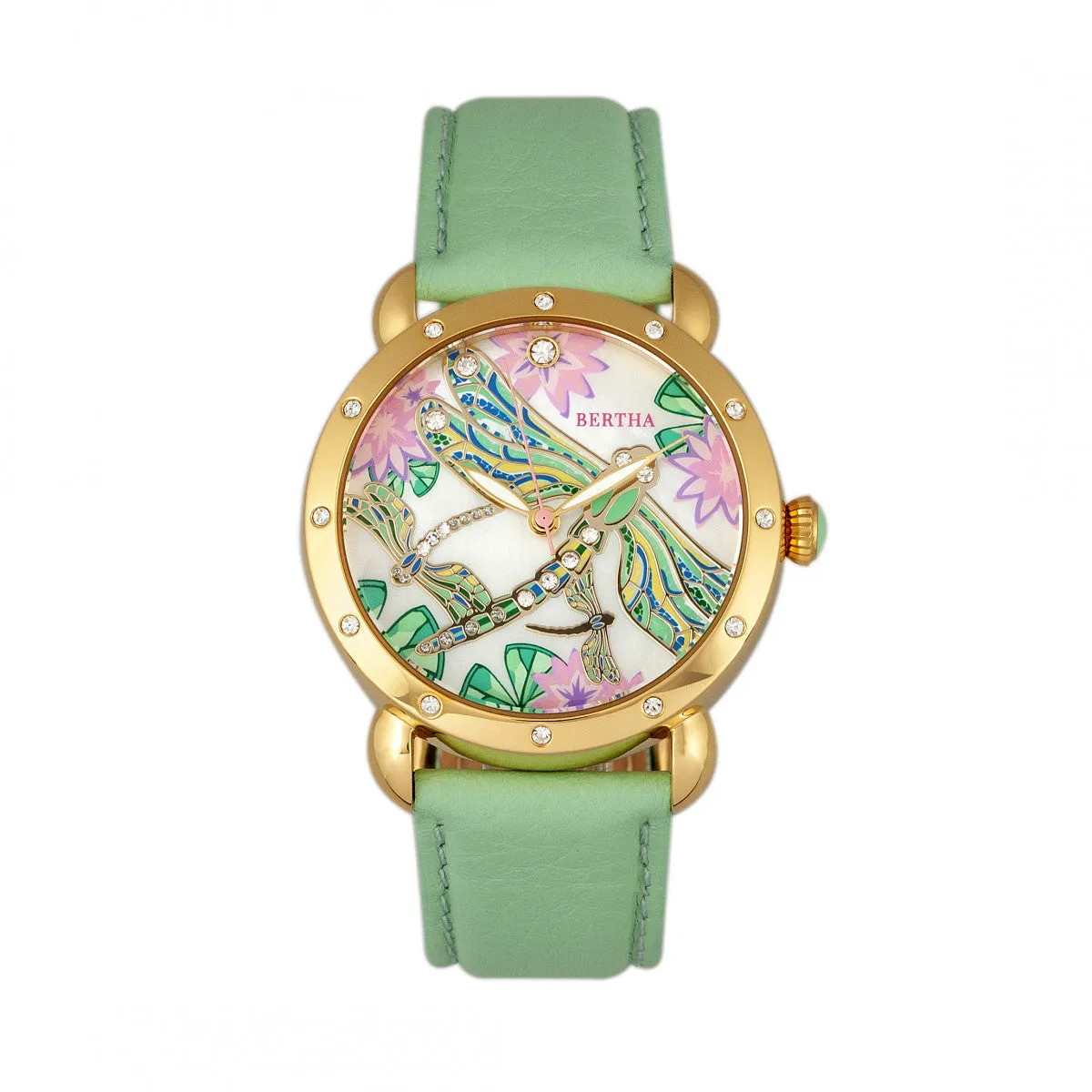 Bertha Jennifer MOP Leather-Band Ladies Watch - Gold/Mint