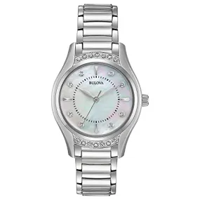 Bulova Ladies' Classic Diamond 3-Hand Quartz Stainless Steel Watch, 16 Diamonds, Mother-of-Pearl Dial, Curved Mineral Crystal, Silver Tone