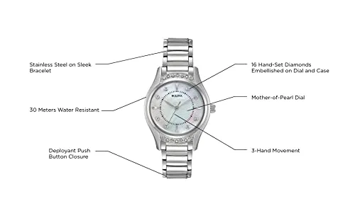 Bulova Ladies' Classic Diamond 3-Hand Quartz Stainless Steel Watch, 16 Diamonds, Mother-of-Pearl Dial, Curved Mineral Crystal, Silver Tone