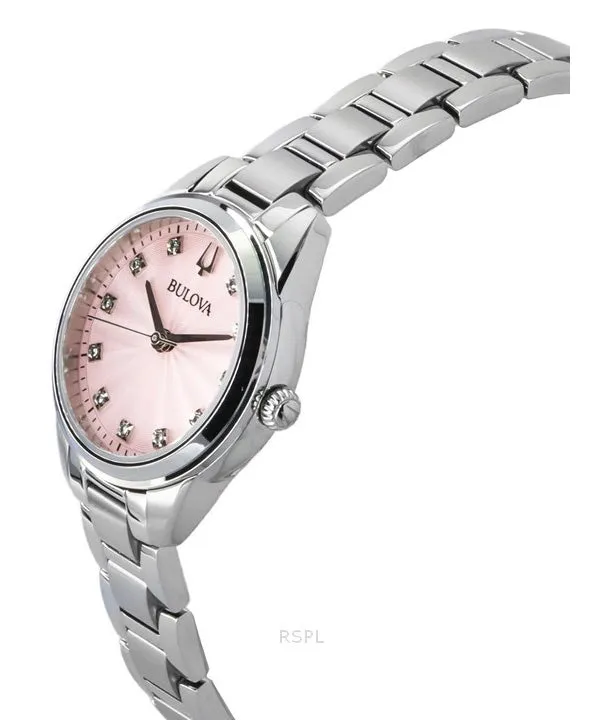 Bulova Sutton Stainless Steel Diamond Accents Pink Dial Quartz 96P249 Women's Watch
