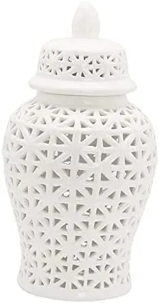Ceramic Ginger Jar with Lid Decorative Flower Vase Display Jars White