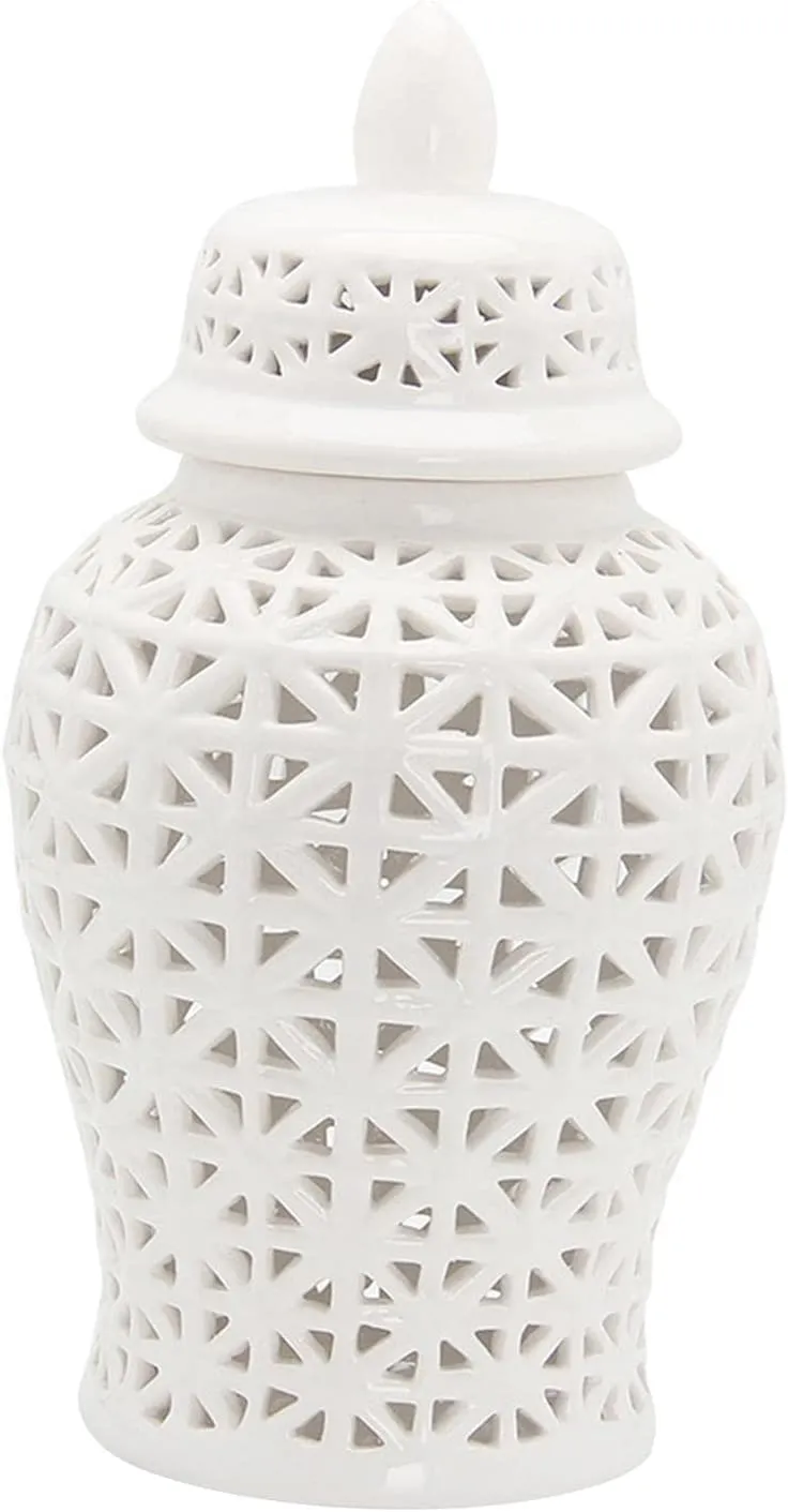 Ceramic Ginger Jar with Lid Decorative Flower Vase Display Jars White
