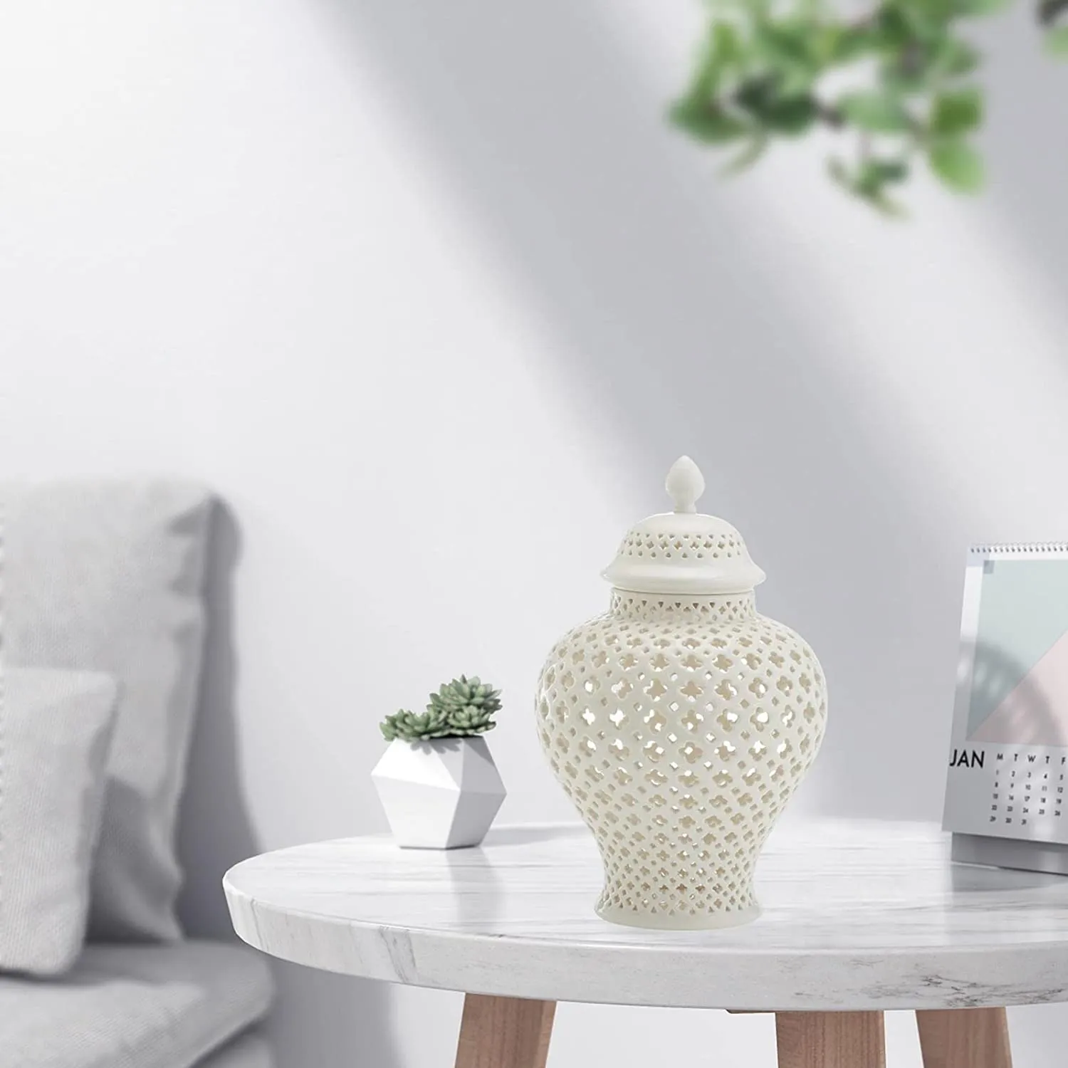 Ceramic Ginger Jar with Lid Decorative Flower Vase Display Jars White