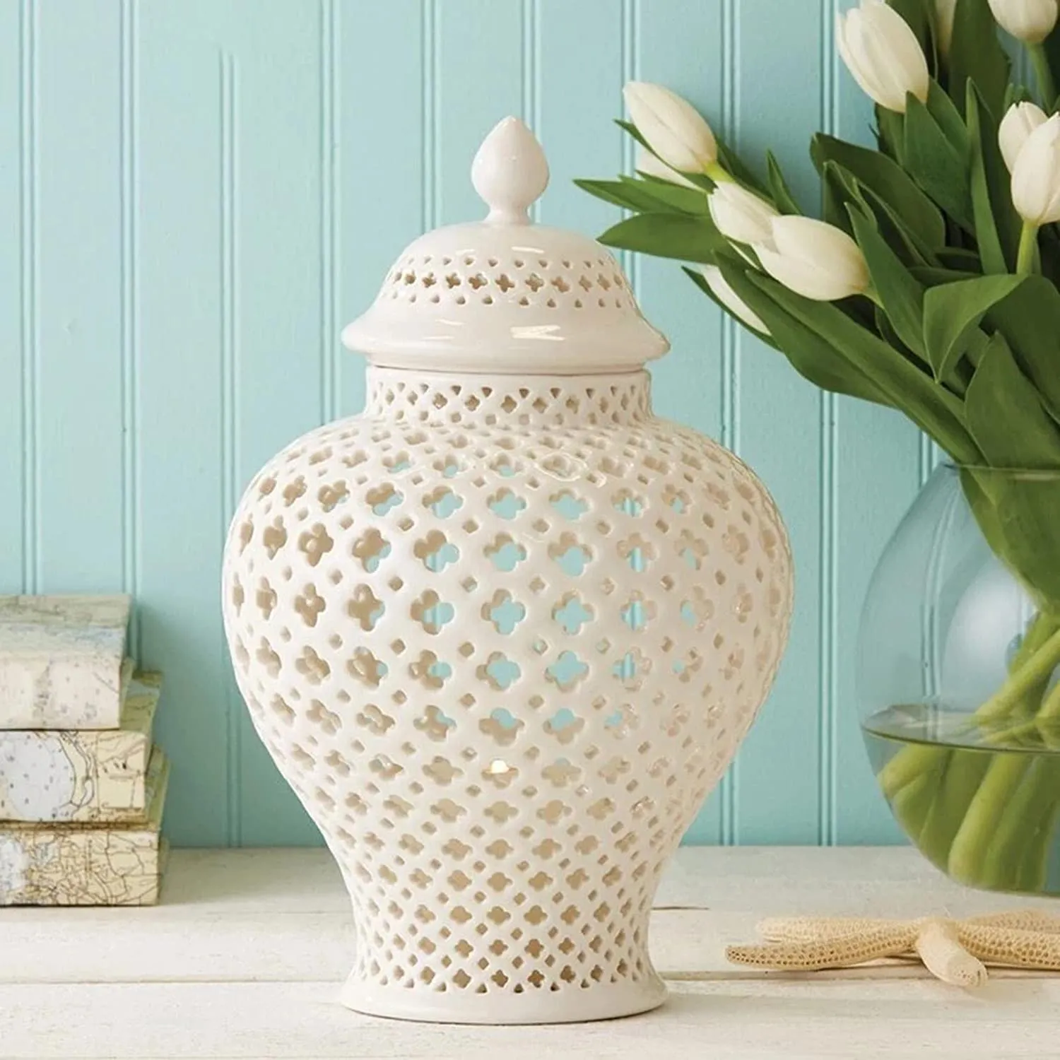 Ceramic Ginger Jar with Lid Decorative Flower Vase Display Jars White