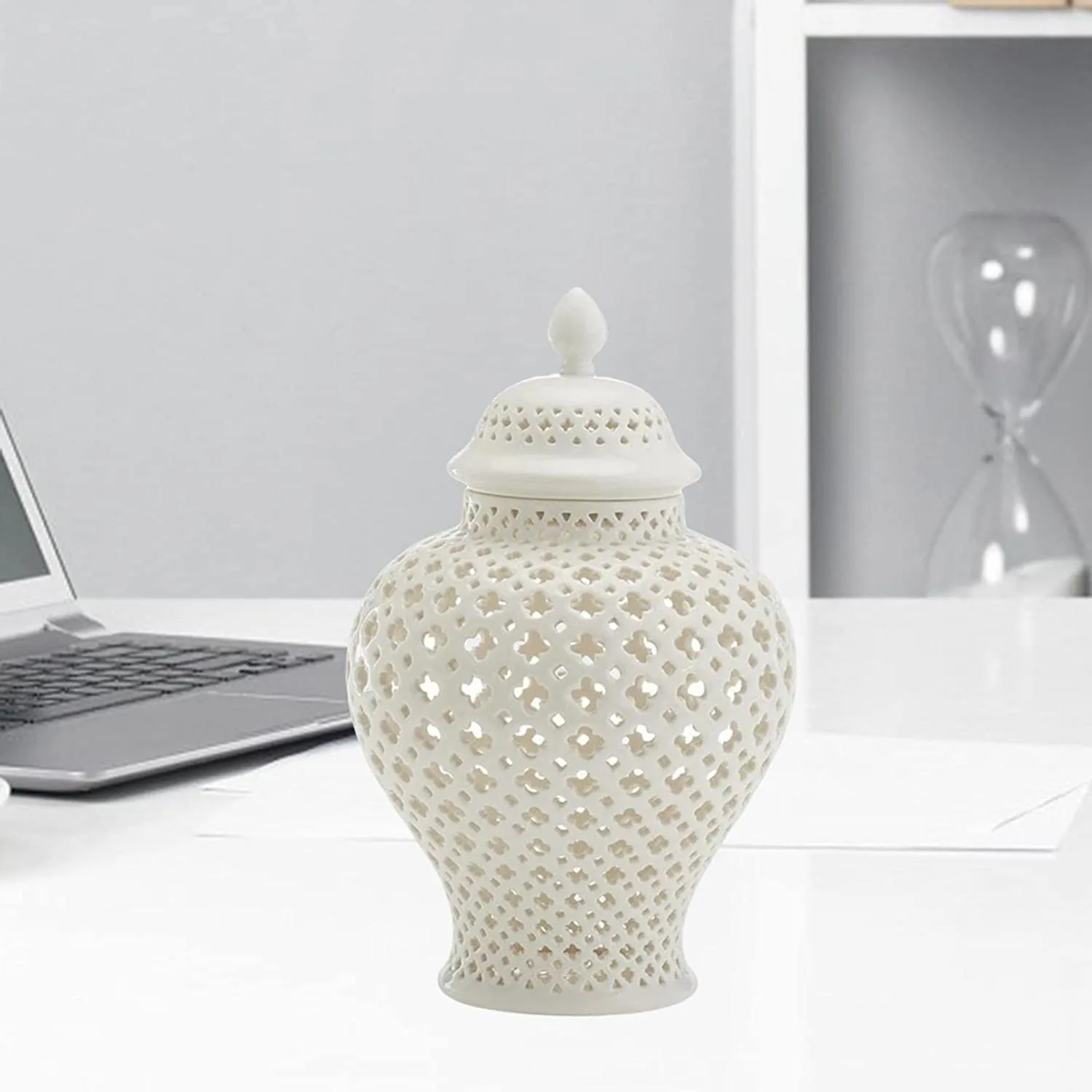 Ceramic Ginger Jar with Lid Decorative Flower Vase Display Jars White