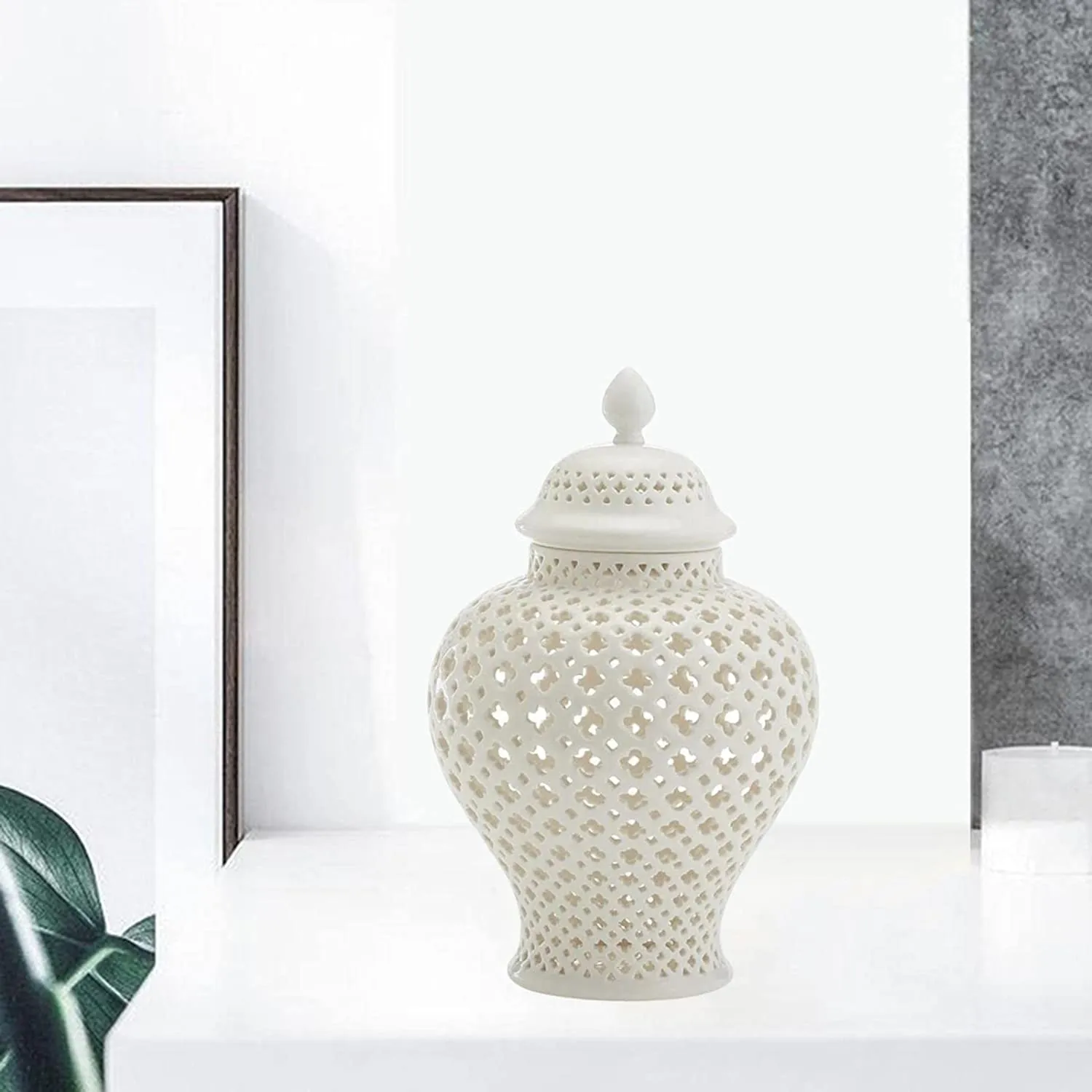 Ceramic Ginger Jar with Lid Decorative Flower Vase Display Jars White